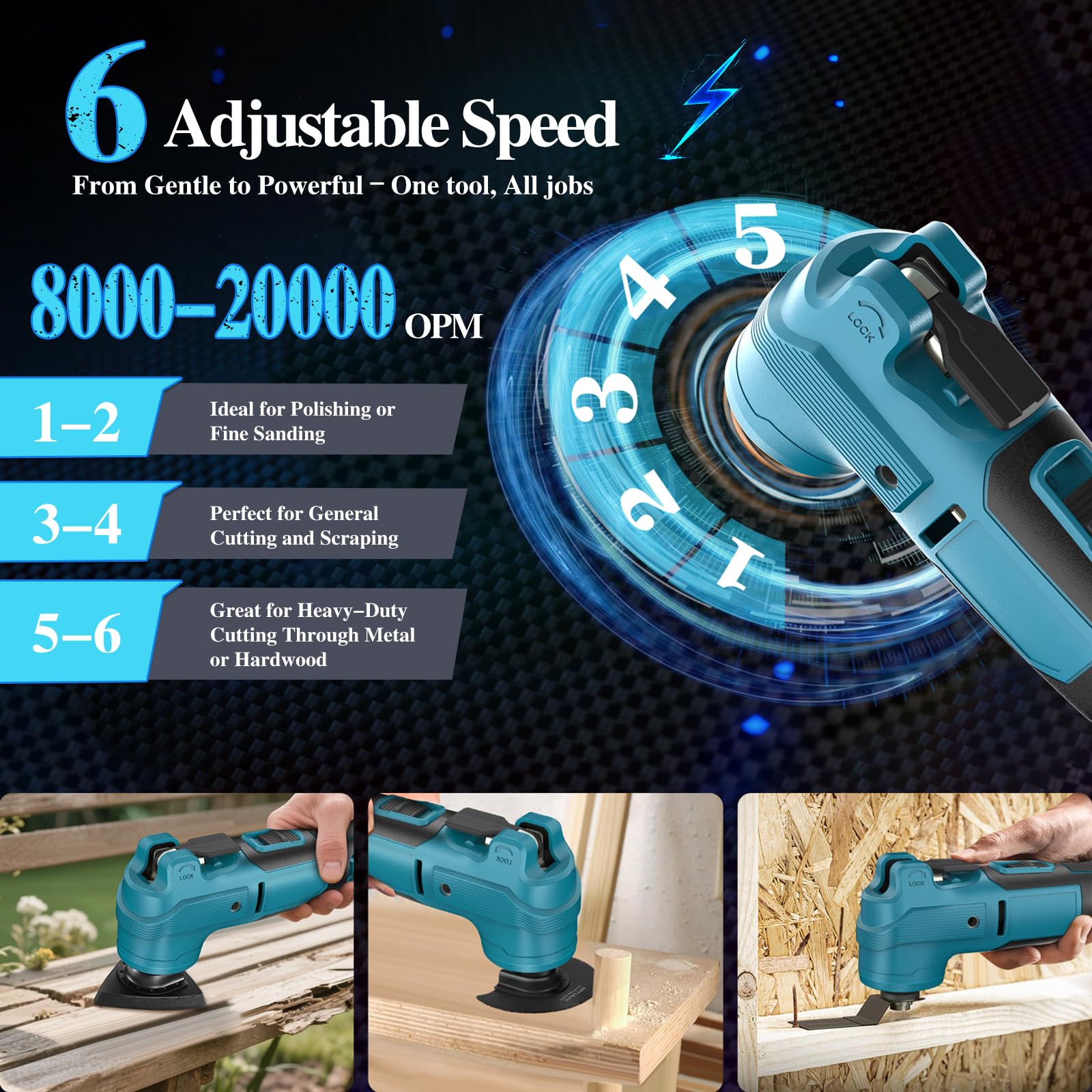 Yofuly Utensile Multifunzione Oscillante Compatibile con Batterie Makita 18V - 6 Velocità Aggiornate + Modalità Automatica, 2 Batterie Da 4,0 Ah, Multitool Per Taglio, Levigatura, Molatura