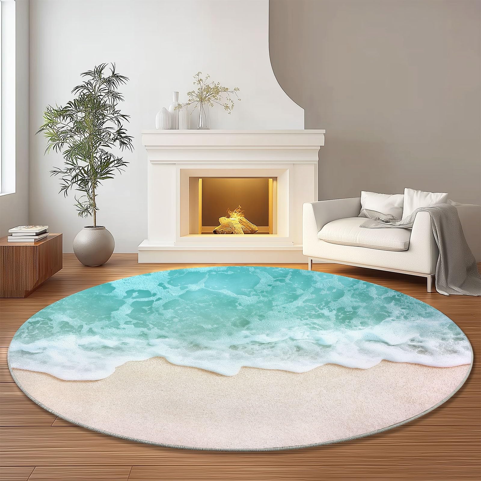 Weich Teppich Rund 120 cm Meer Wellen Strand, Waschbar rutschfest Wohnzimmerteppich Robuster Flauschiger Rund Teppiche Blau Bedruckt Teppich Für Küchen Esszimmer Schlafzimmer