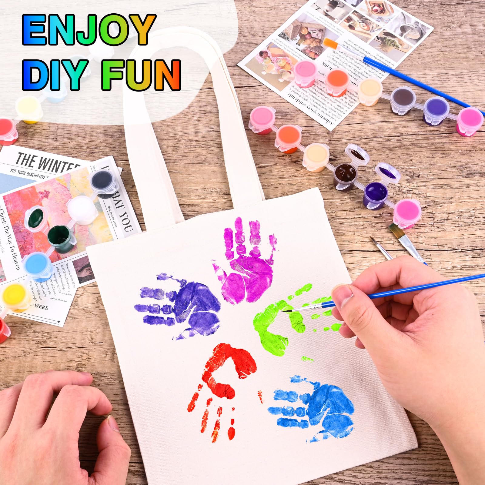 Zioffiel Small Canvas Tote Bags Bulk 24 Pack, Sublimation Tote Bags Blank with Acrylic Paint Set, Reusable Cotton Canvas Bags with Handles, Mini Tote Bag To Decorate DIY Crafts, 8"x8.6" - Image 5