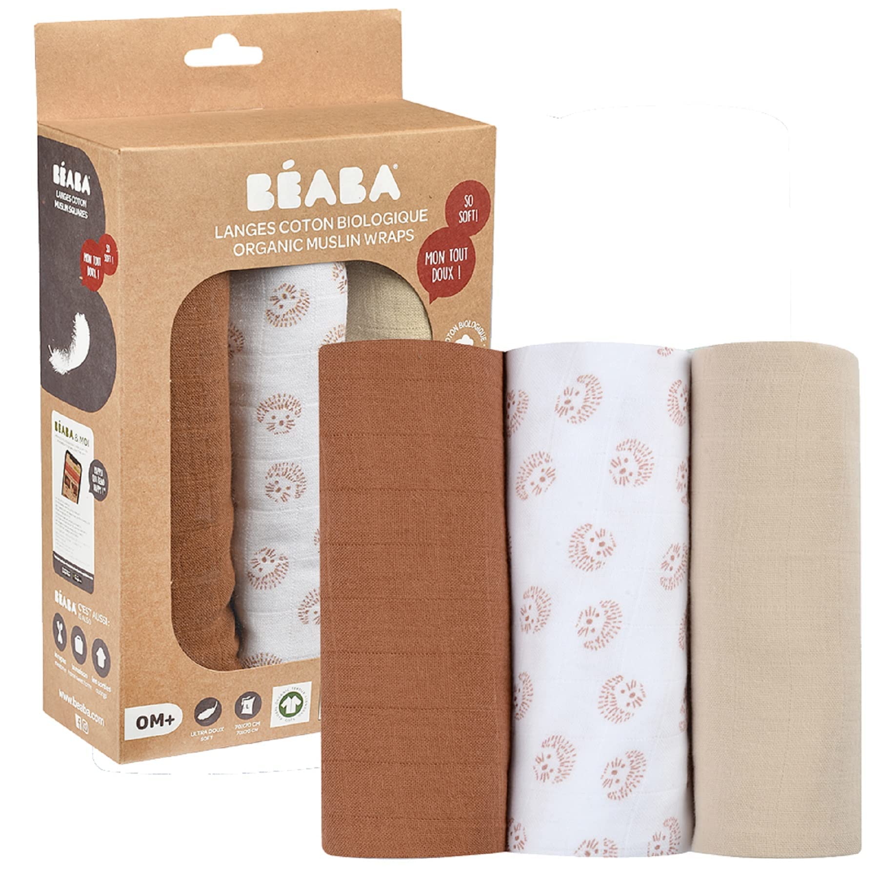 BÉABA, Lot de 3 Langes Bébé, Mousseline de Coton Biologique, Multi-usages : Bavoir, Couverture nomade, Doudou, Ultra doux, Respirant, 70x70, Ecologique et Sain, Motif Hérisson