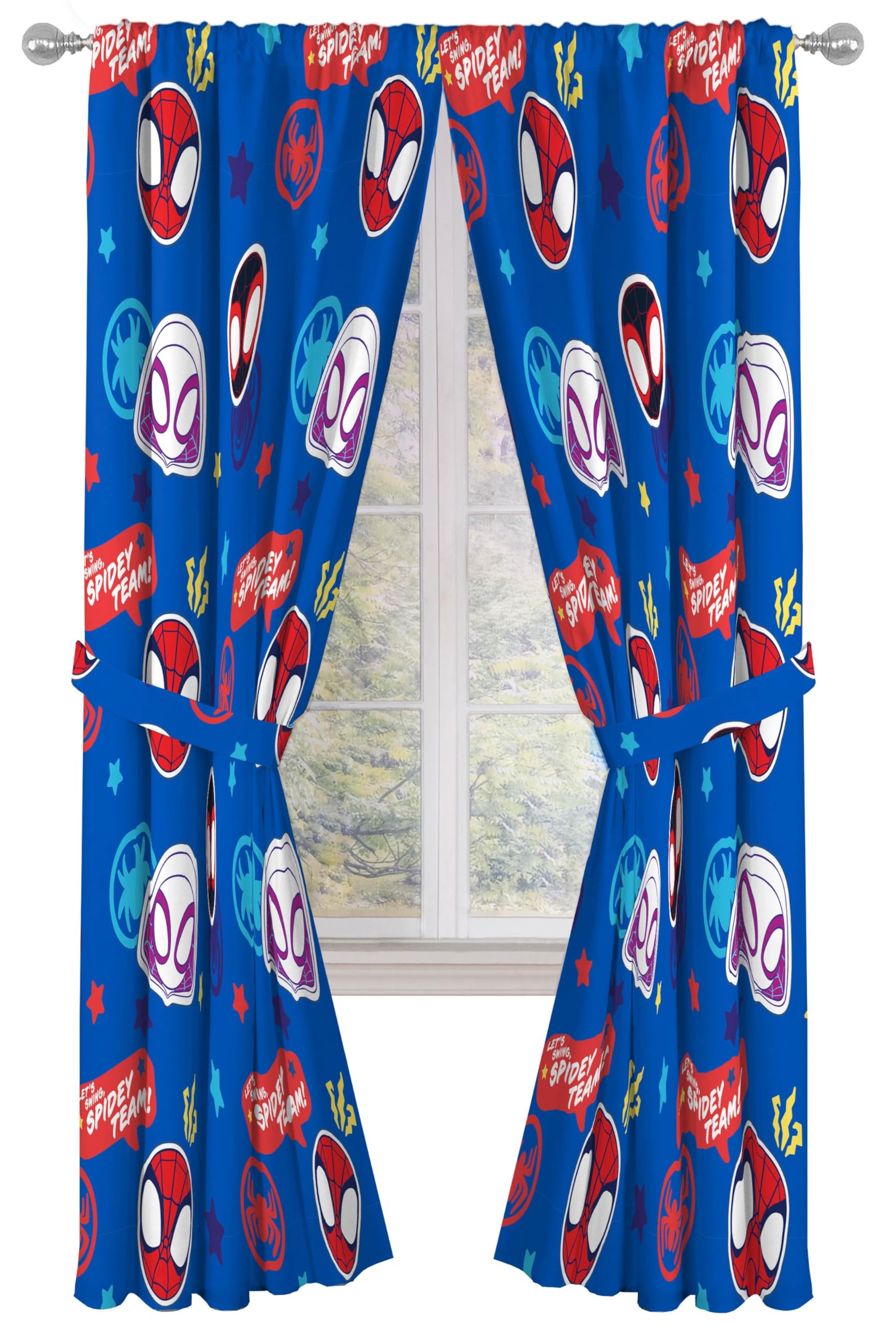 Jay Franco Window Curtains for Kids Bedroom 4-Piece Drape Set with 2 Tiebacks, Blue - Spidey & His Amazing Friends, 42" W x 84" L (Pack of 2)