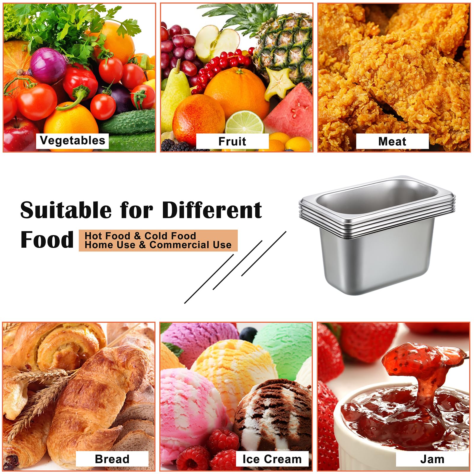 SUMNACON Lot de 6 récipients gastronomiques 1/9 en acier inoxydable de qualité alimentaire, empilables, de -60 °C à 400 °C, passent au lave-vaisselle, bols à paner pour escalopes, viande, poisson