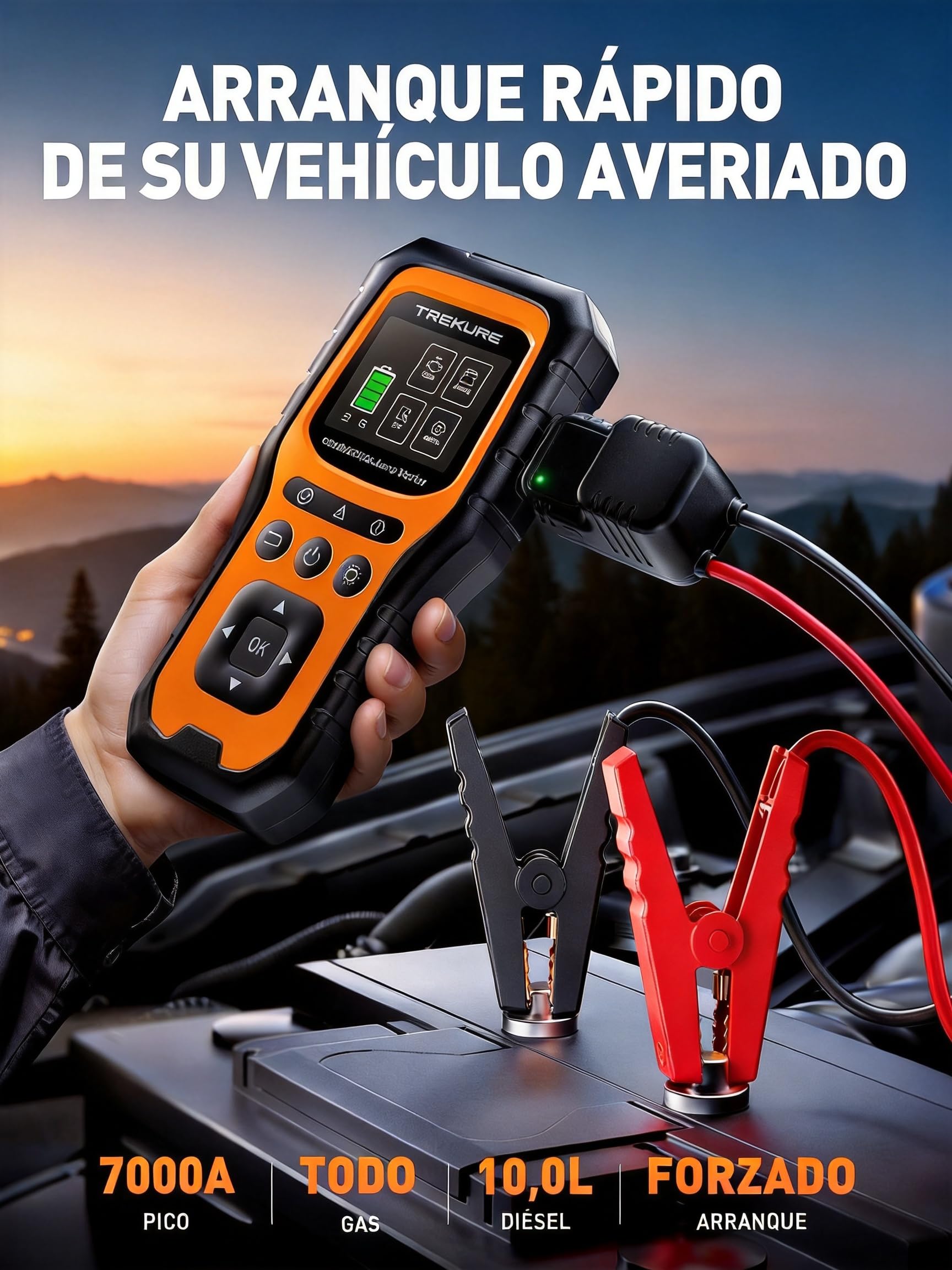 TREKURE Arrancador de Baterías de Coche 7000A con OBD2 Diagnosis Coche, Arrancador de Coches Portátil con Función de Arranque Forzado, Prueba de Batería, Pantalla Grande(para All Gas o 10L Diesel)