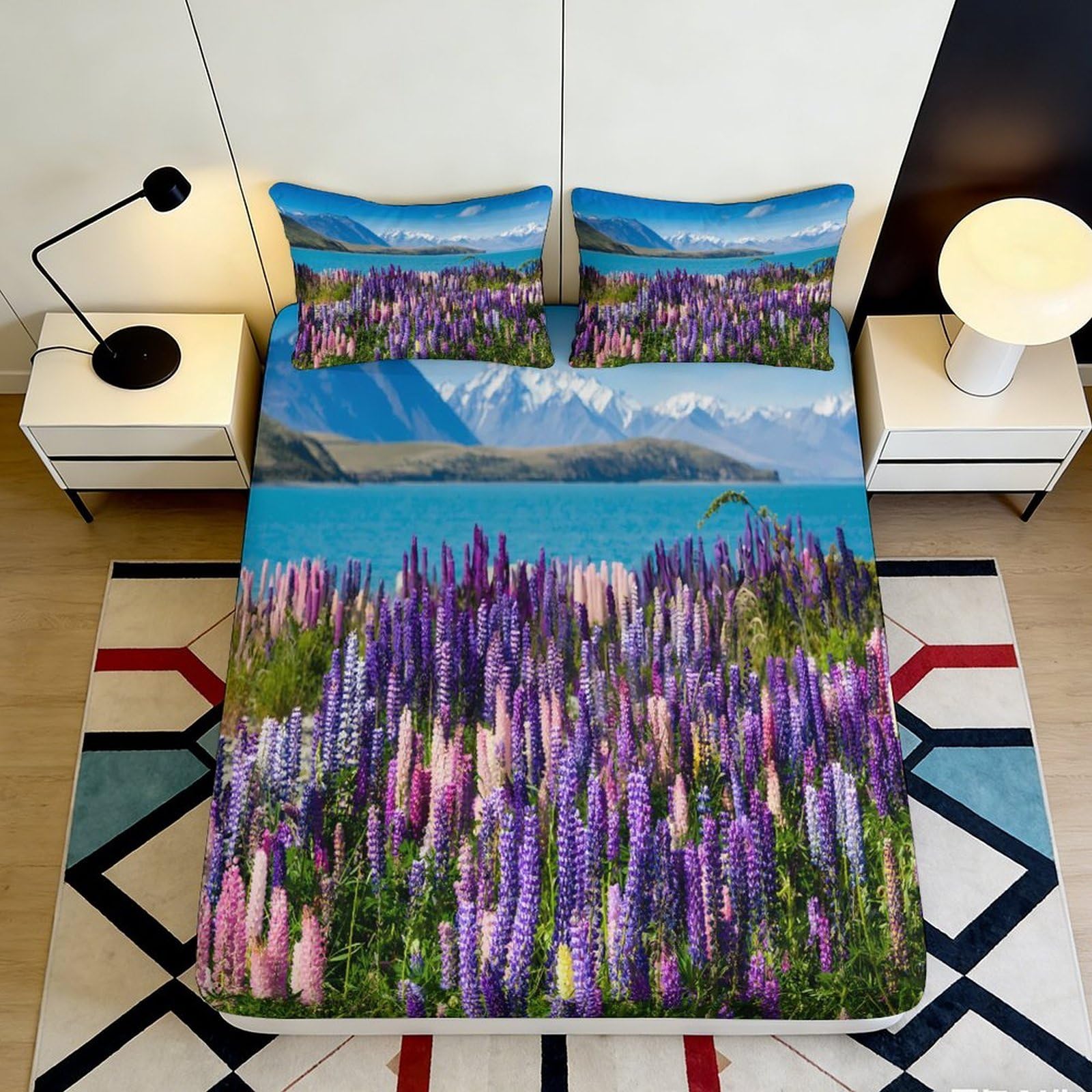 3D Printed Lupine Flower Meadow Fitted Sheet Microfiber Soft Mattress Cover Decor for Bedroom Guest Room Dorm 200x200x25cm