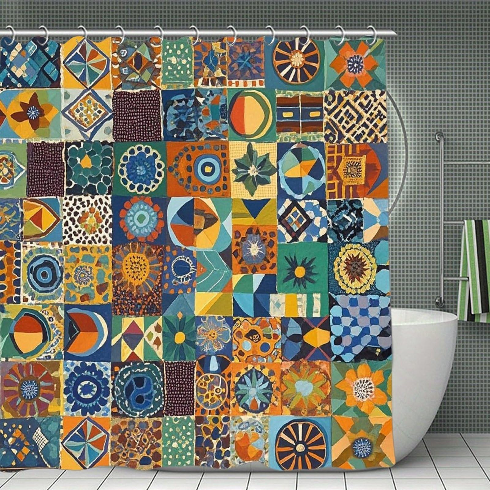 FekiLoot African Style Patchwork Shower Curtain Minimalist Aesthetic Bath Curtain with Hooks Simple Water Resistant Bathroom Shower Curtains Cute Blackout Privacy Curtains Cloth Curtain