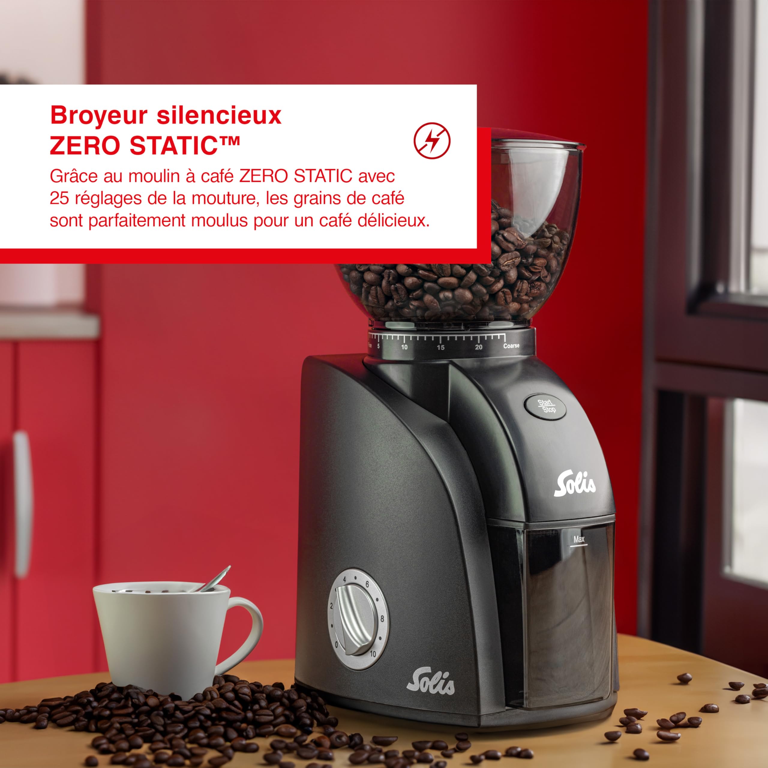 Solis Scala Zero Static 1662 Moulin à Café - Grinder Electrique - 24 Réglages de Mouture - Protection Contre le Café Statique - Noir