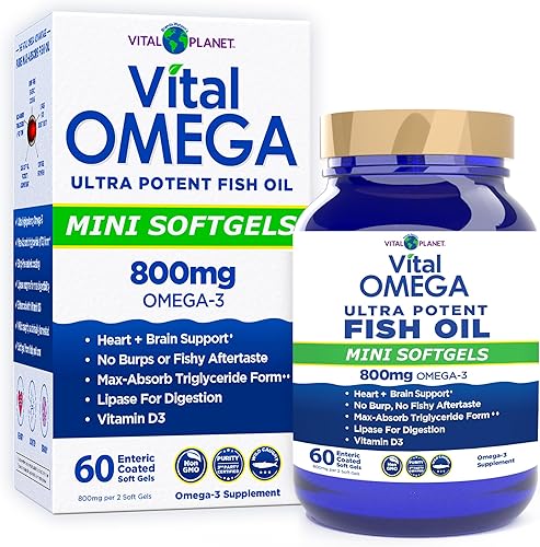 Vital Planet - Suplemento de mini cápsulas blandas de aceite de pescado Vital Omega 3 con 800 mg de ácidos grasos omega 3 capturados en la