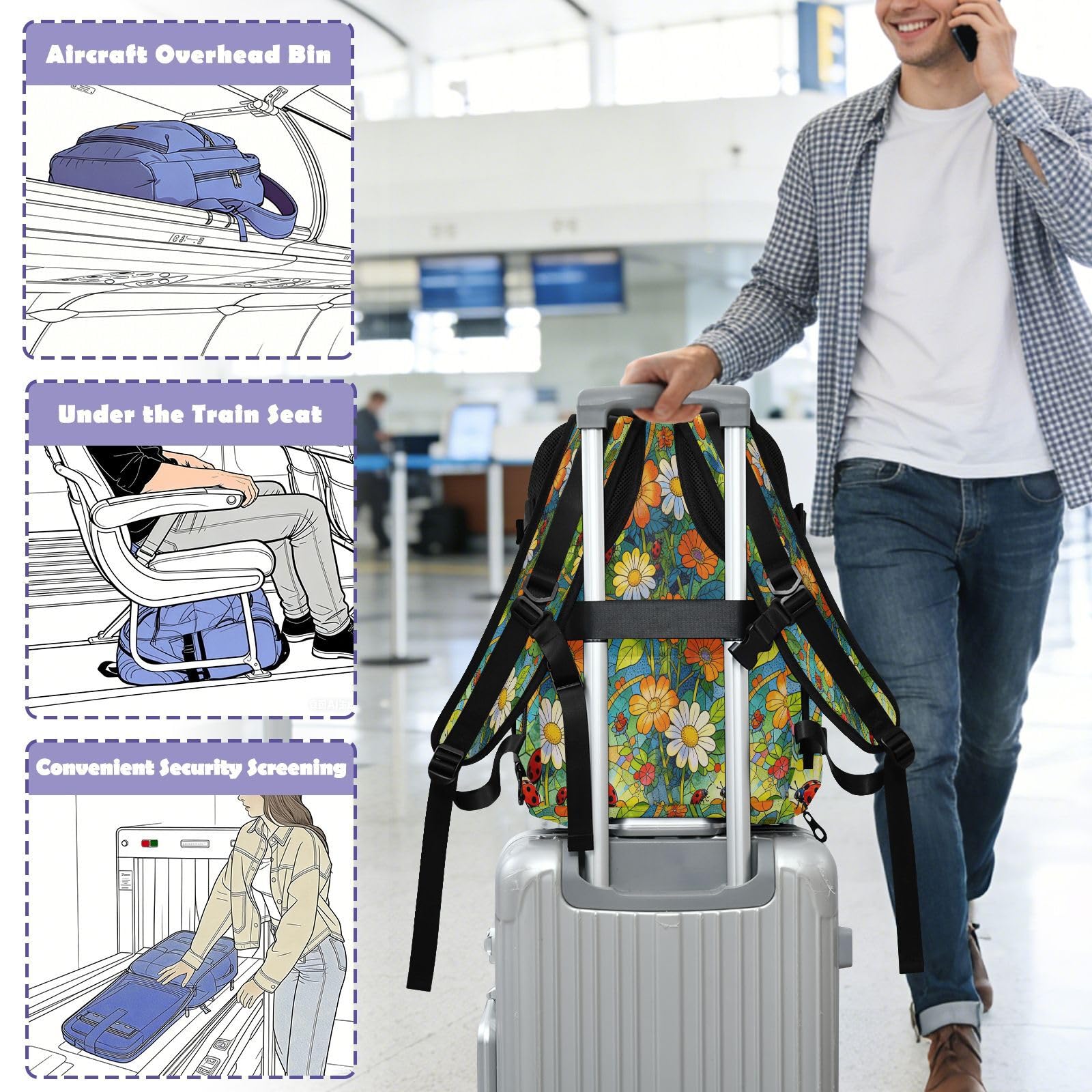 Uroczy plecak torba na laptopa 16 cali do samolotów 20 l | Czysty design torba podróżna na laptopa Flora biedronki kolorowe stokrotki torba na laptopa 15,6 cala do szkoły mochila para