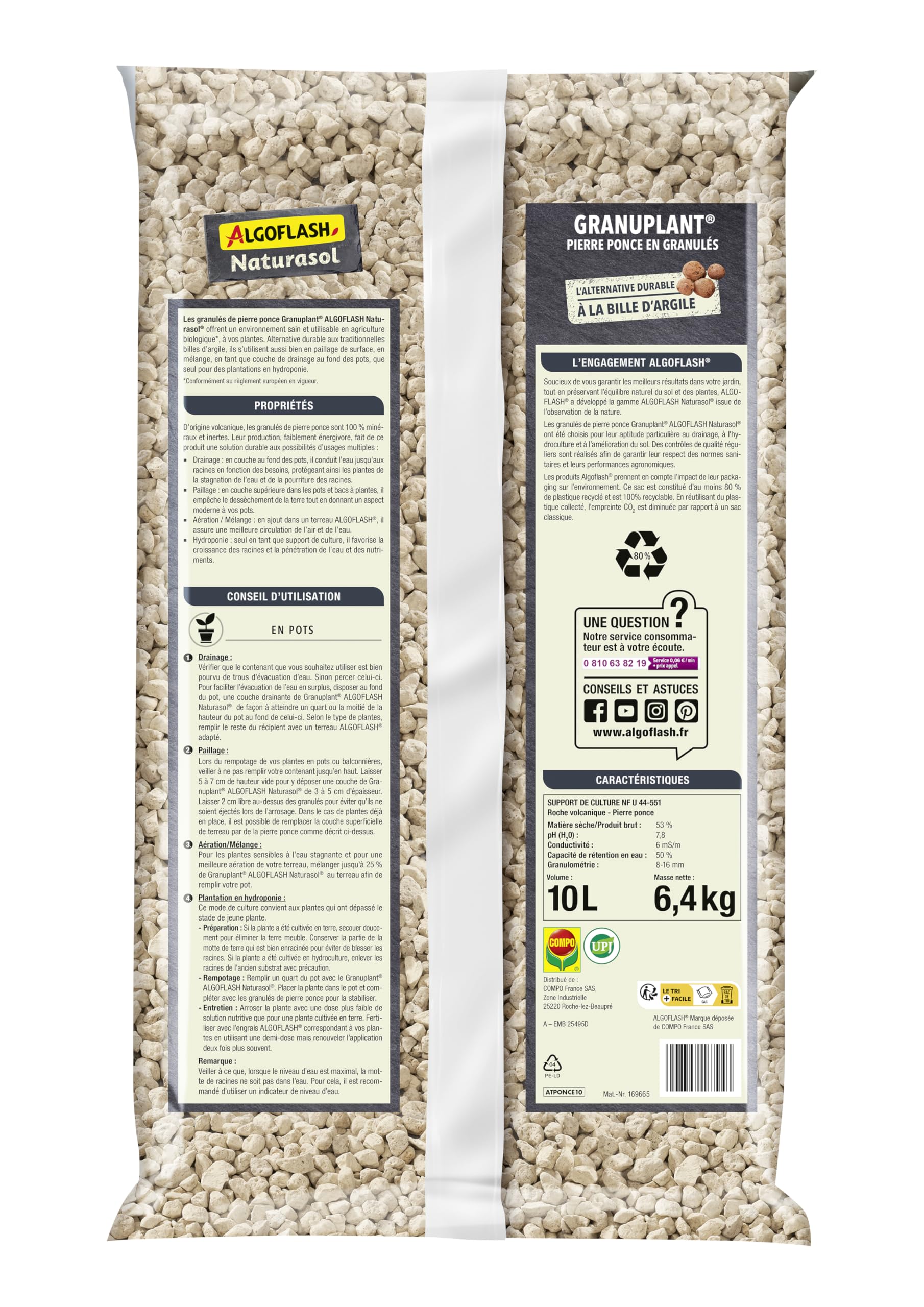 Algoflash Naturasol Granulado de drenaje y plantación – Piedra pómez 100% natural – Alternativa duradera a la bola de arcilla – 10 l