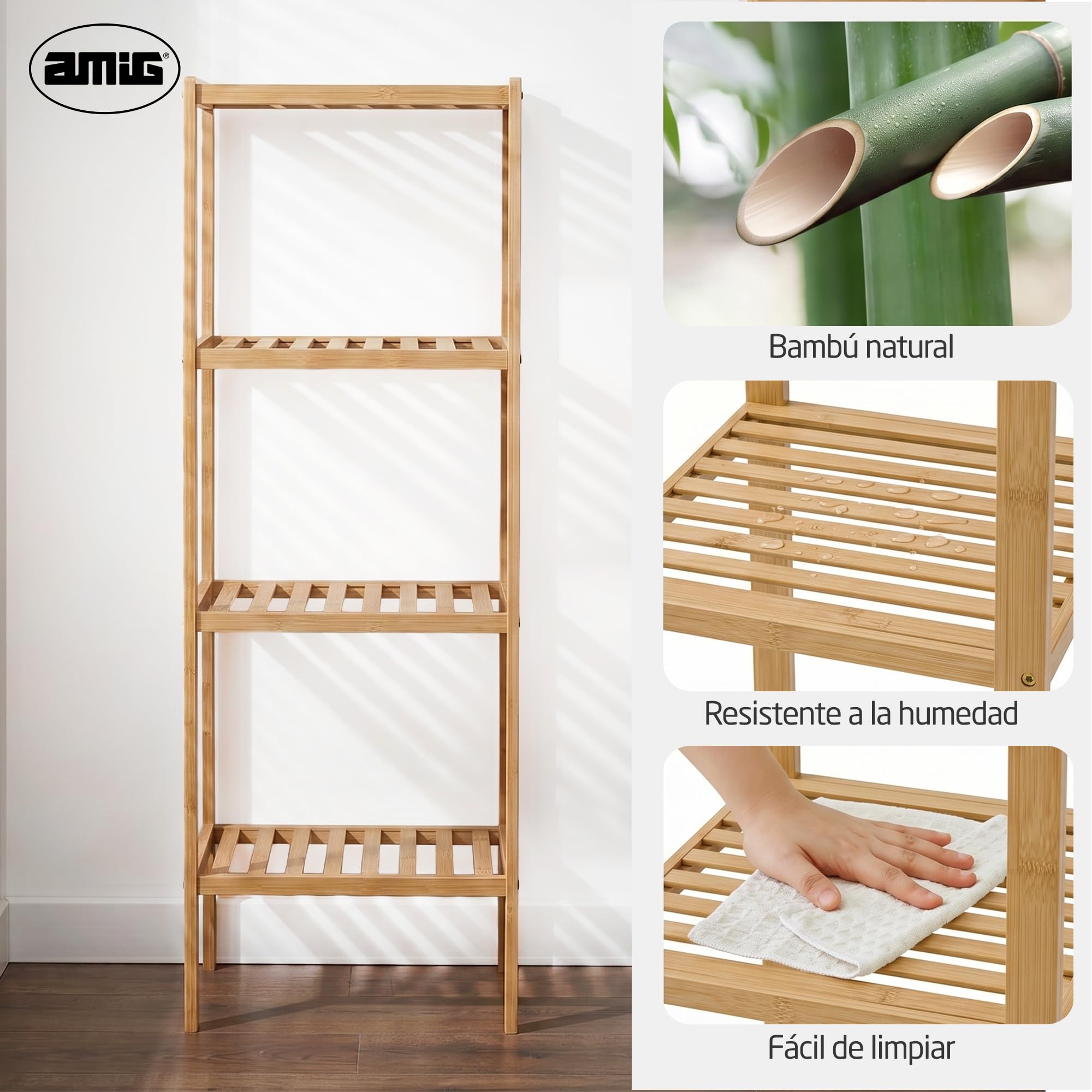 Amig - Estantería bambú para baño Mod. Bam - 4 Alturas - Fabricado en bambú - Diseño de Lamas - para Entrada, Sala de Estar, Cocina, Balcón - 37 x 33 x 110 cm