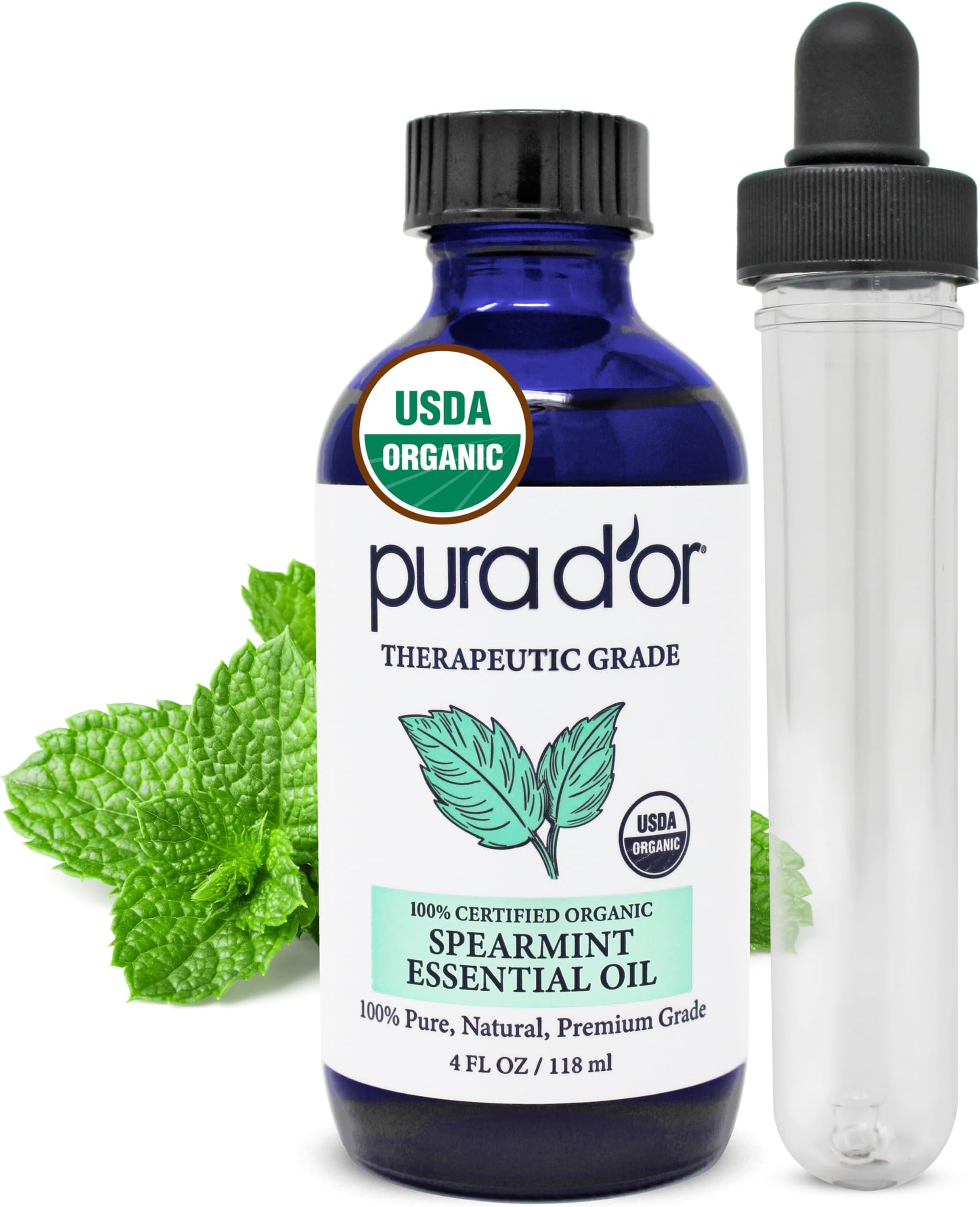 PURA D'OR Organic Spearmint Essential Oil (4oz with Glass Dropper) USDA Certified 100% Pure & Natural Therapeutic Grade Diffuser for Aromatherapy, Focus, Concentration, Mood Uplift
