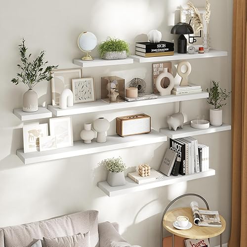 Miniatura 6 de Juego de 2 estantes flotantes de 36 pulgadas para pared, estantes de baño de grano de madera de 8 pulgadas de profundidad con soportes invisibles,