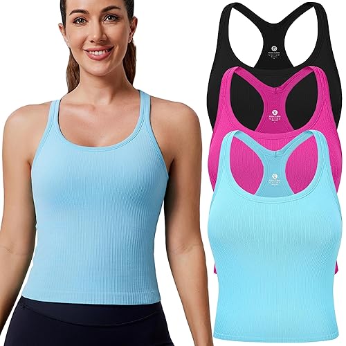 Evercute Women's 1/2/3 Pack Ribbed Workout Tank Tops with Built in Bra Racerback Seamless Crop Tank Tops Camisole Sport Tanks - Small - Black Aqua Magenta 3 Pack