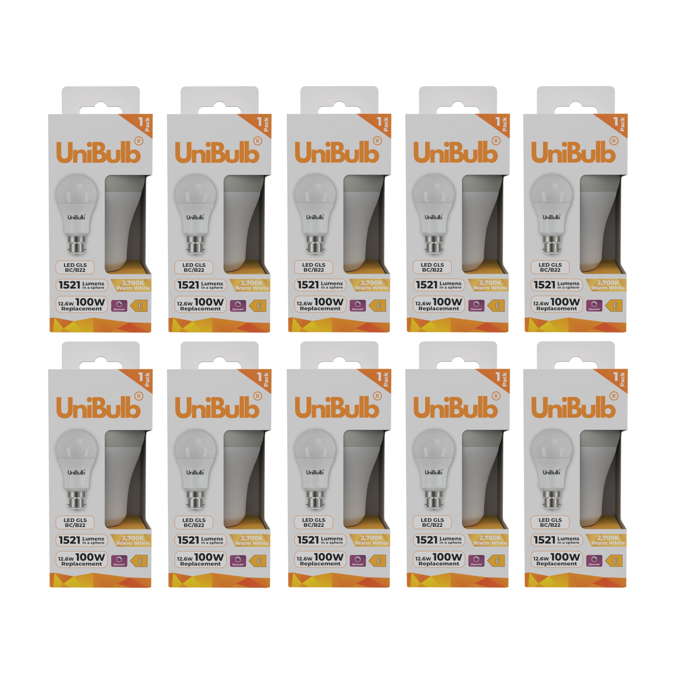 Unibulb B22 GLS Bayonet Cap (BC) 12.6W Energy Efficient LED Light Bulb, 1521 Lumens, 2700K Warm White, 100W Equivalent, 25,000hr Life, Dimmable (10)