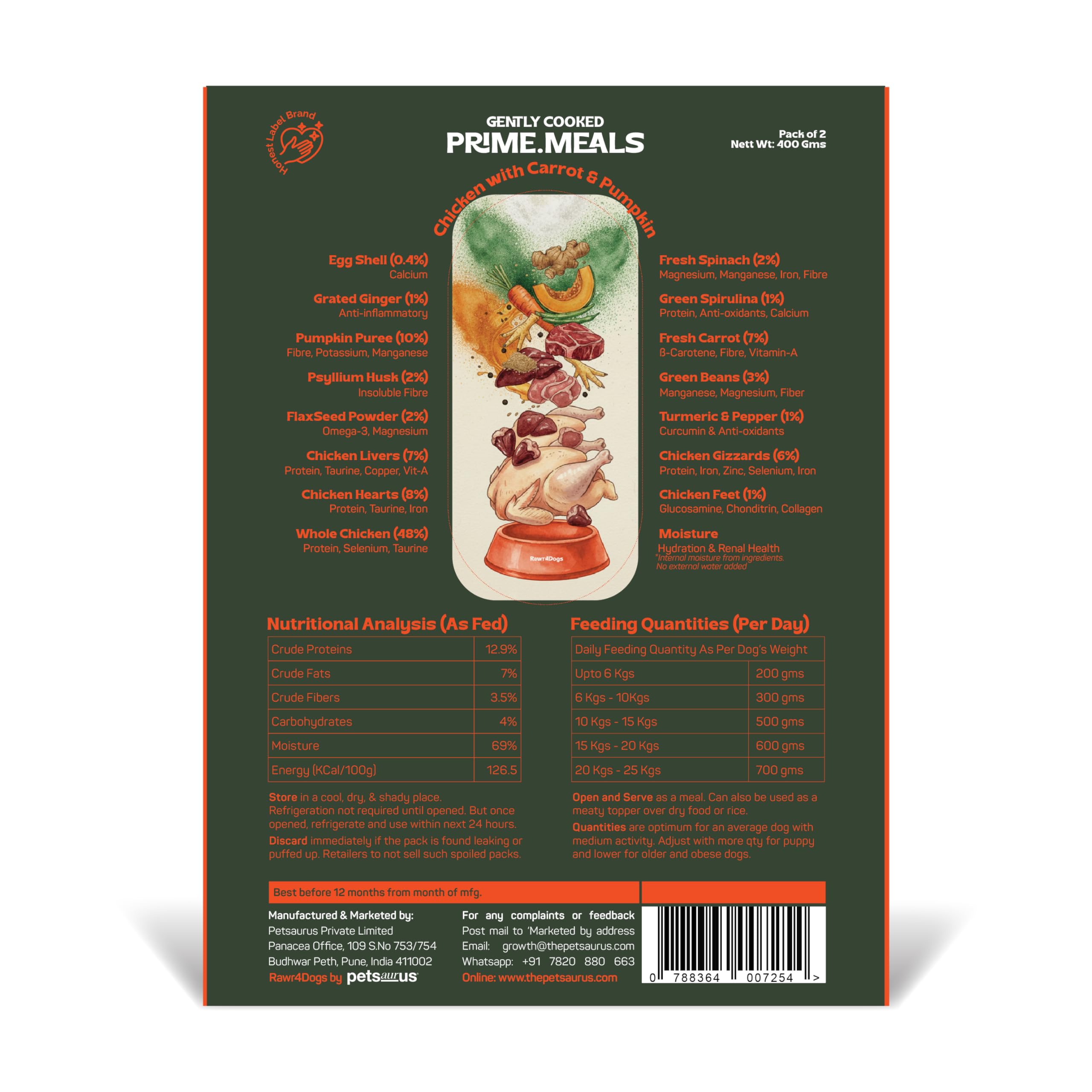 Rawr4Dogs | Prime.Meals | Balanced Wet Dog Food | Chicken, Carrot, and Pumpkin | Free from Grains, Gluten and preservatives | 200gms X Pack of 2 3