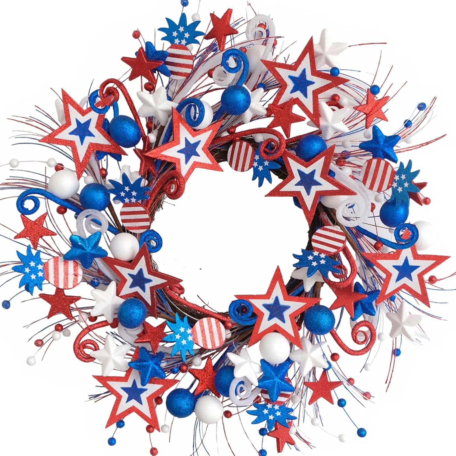 22 Inch Patriotic Glitter Stars Pineapple Wreath for Front Door, Memorial Day Glitter Red White and Blue Wreath for Home Decor, Forth of July Holiday Wreaths for Indoor and Outdoor