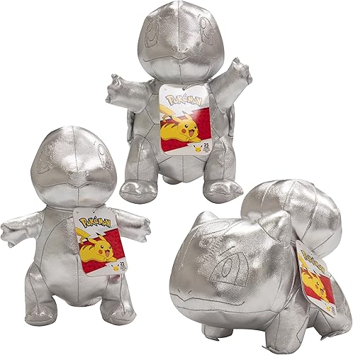 Pokemon 25th Celebration - Peluches plateados de 8 pulgadas, paquete de 3 juguetes - Charmander, Squirtle & Bulbasaur G1 Starters - Juego de 3