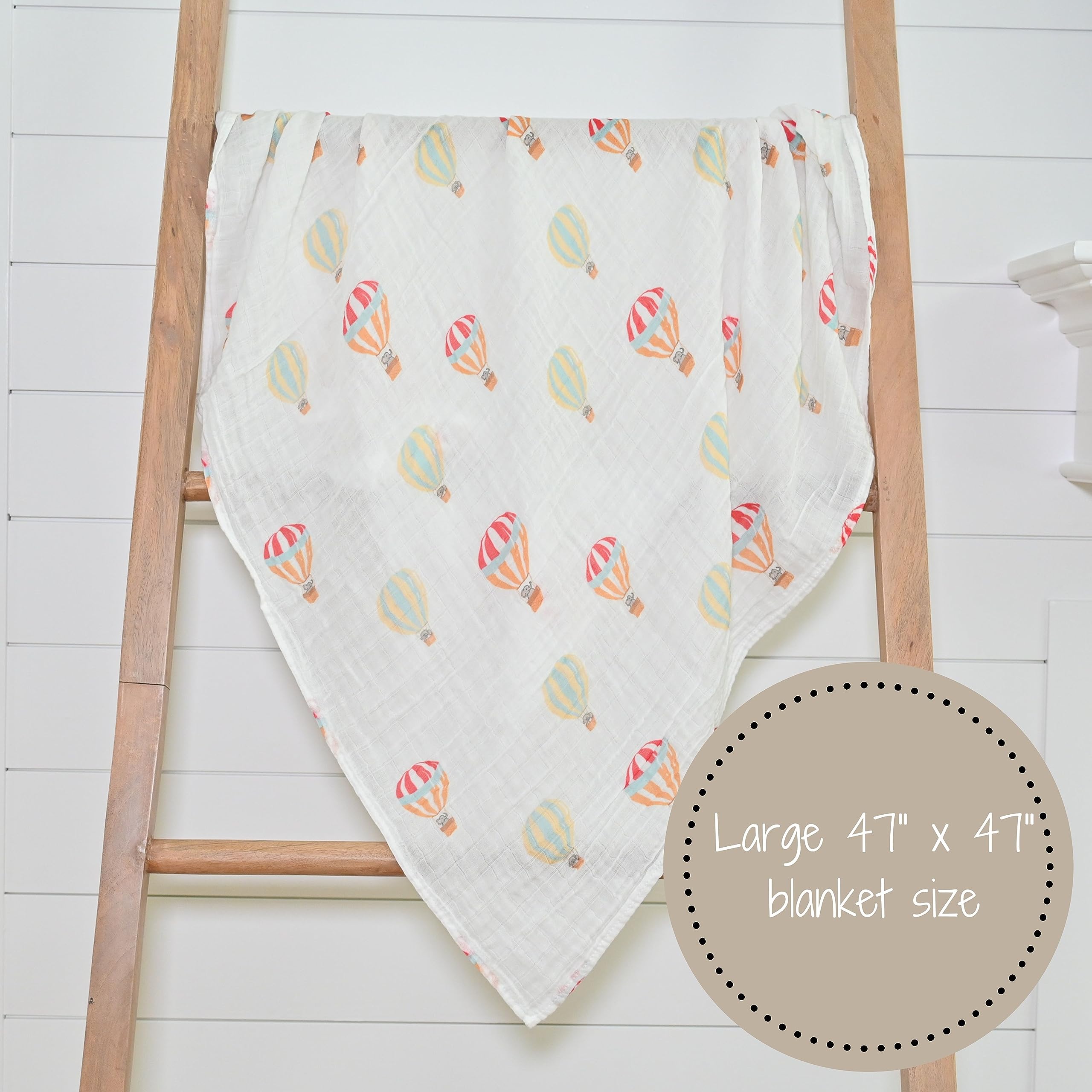 LollyBanks Muślinowy koc do przewijania, 100% bawełna, koc dla noworodka i niemowląt, duży 120 x 120 cm, dla dziewcząt, lekki i oddychający, nadruki balonów na gorące powietrze