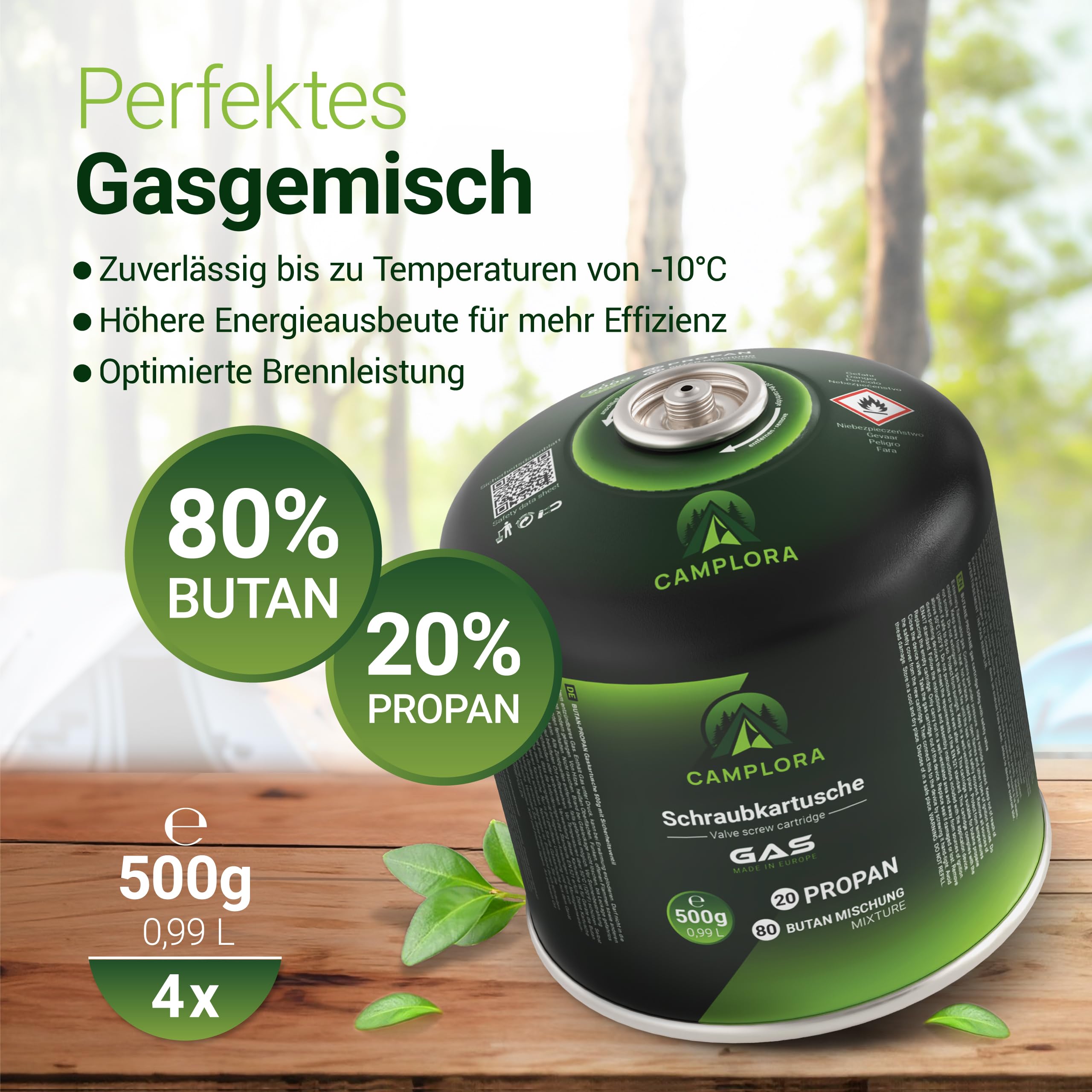 CAMPLORA Lot de 4 cartouches de gaz de 500 g avec valve à vis, propane et butane - Cartouche de gaz à visser avec filetage pour réchaud de camping et barbecue EN417 - Cartouches de gaz à visser