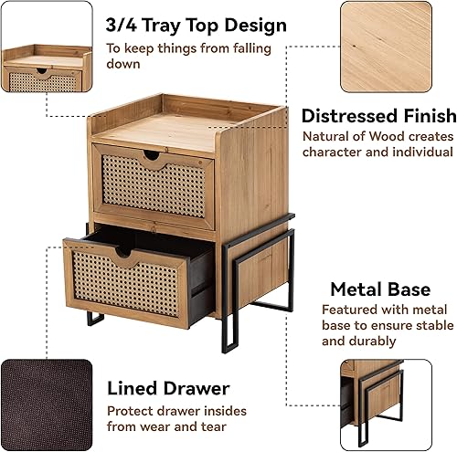 Miniatura 3 de Mesita de noche rústica de ratán, mesa frontal tejida totalmente montada con 2 cajones para sala de estar, dormitorio, apartamento, madera maciza,