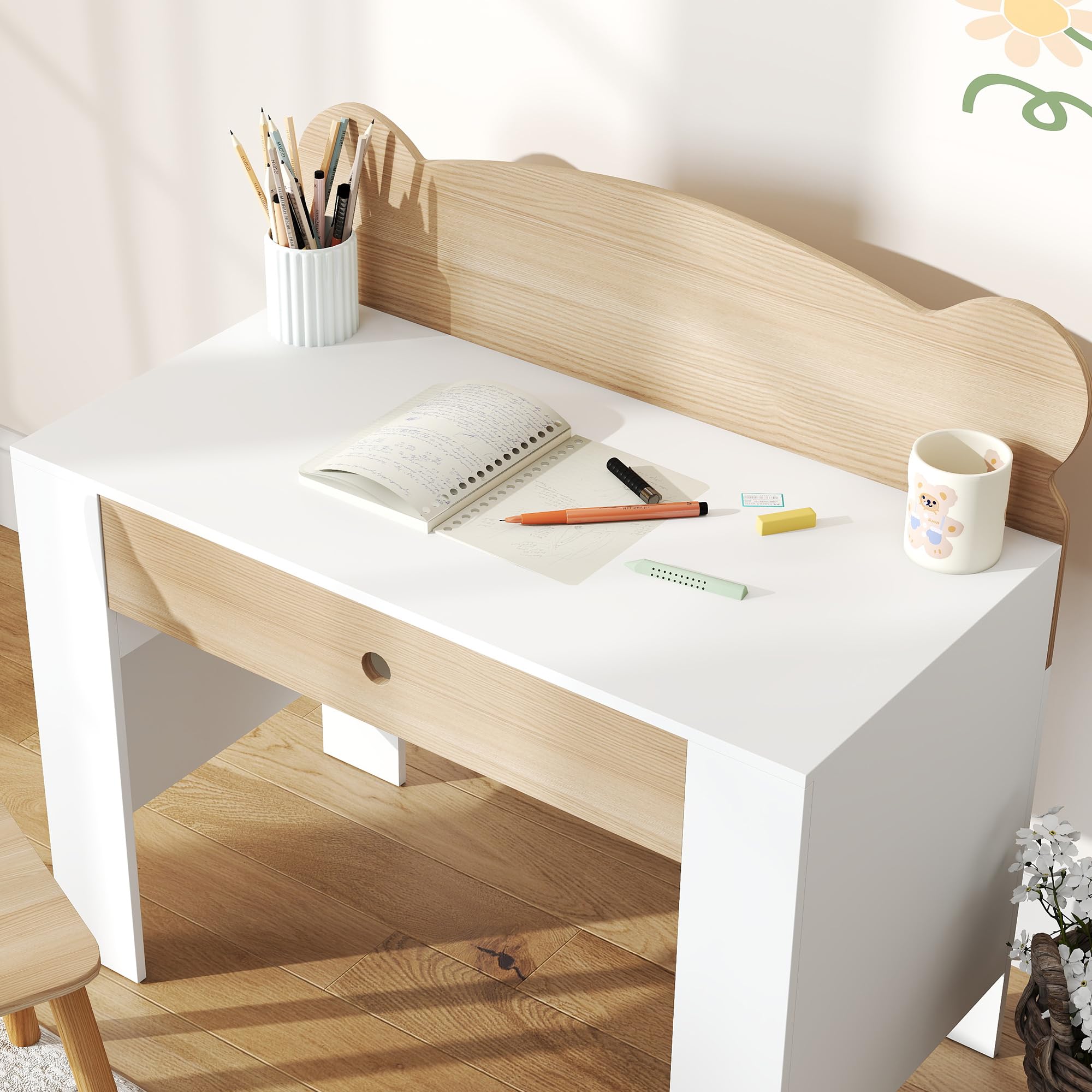 AIYAPLAY Kinderschreibtisch Set mit Tischplatte & Schublade Kinder Schreibtisch und Stuhl mit Bärenform Schülerschreibtisch Kindertisch Jugendschreibtisch für Jungs & Mädchen Naturholz