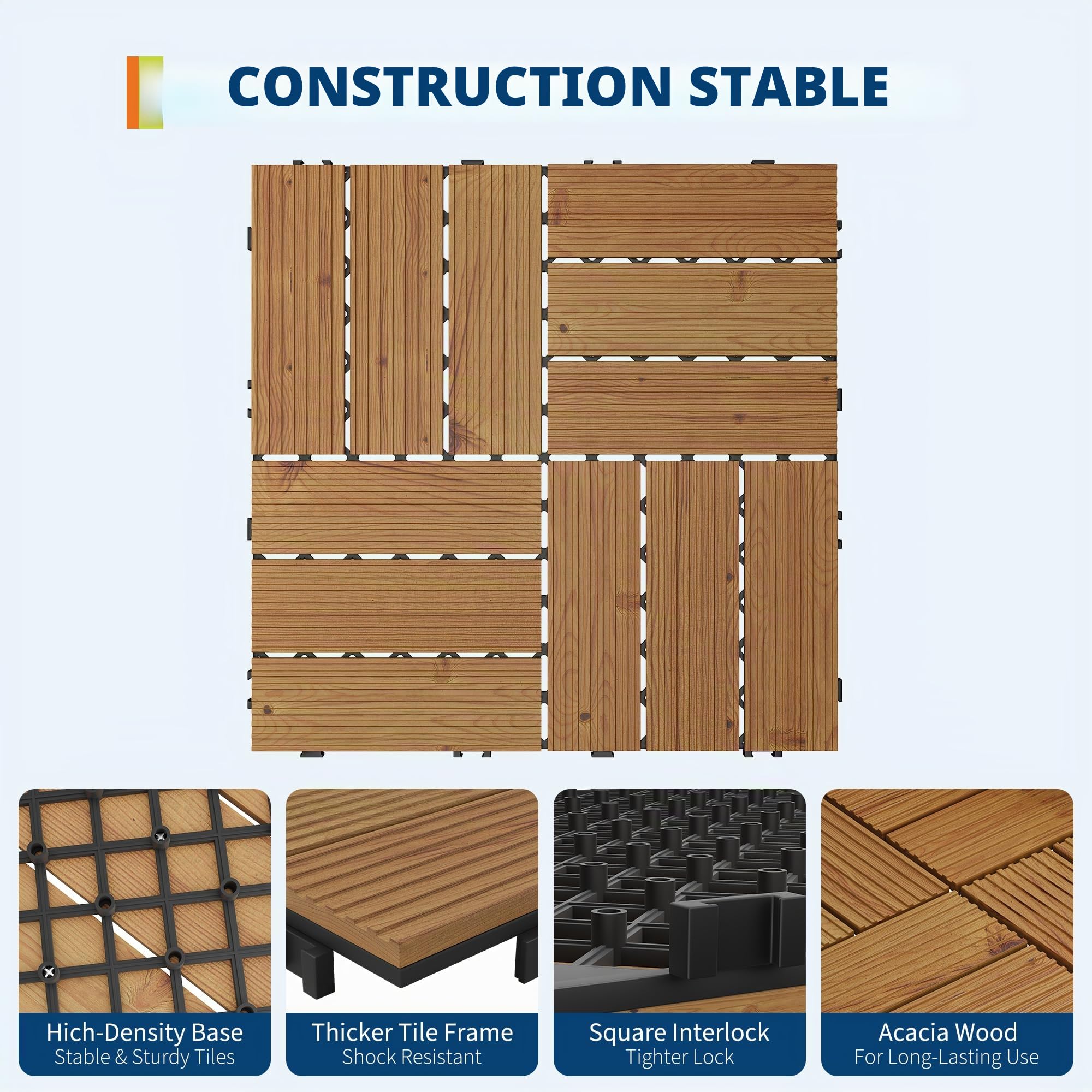 Garvee Dalles terrasse bois d'acacia 30x30cm emboîtables, Brun 33PCS