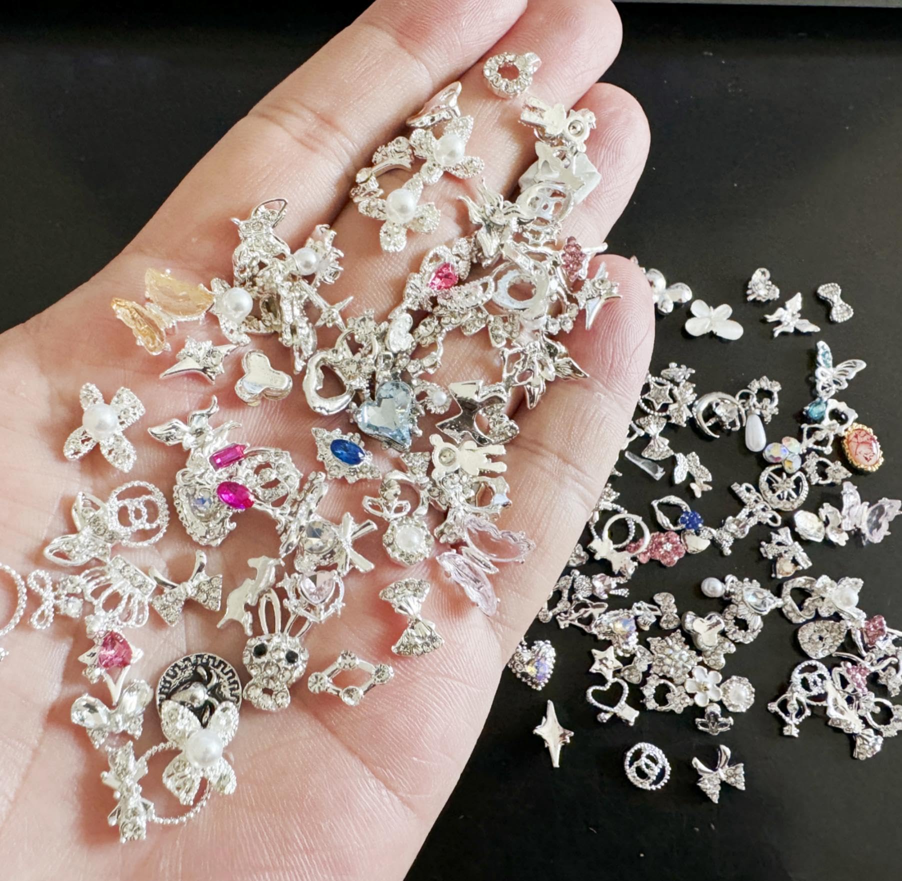 Silver Nail Charms,50PCS Mixed 3D Pearl Rhinestones Bowknot Luxury Metal Nail Art Charms,Alloy Nail Gems Nail Decorations for DIY Manicure Design Nail Art Jewelry Making (B Mixed Pattern Silver) - Image 3