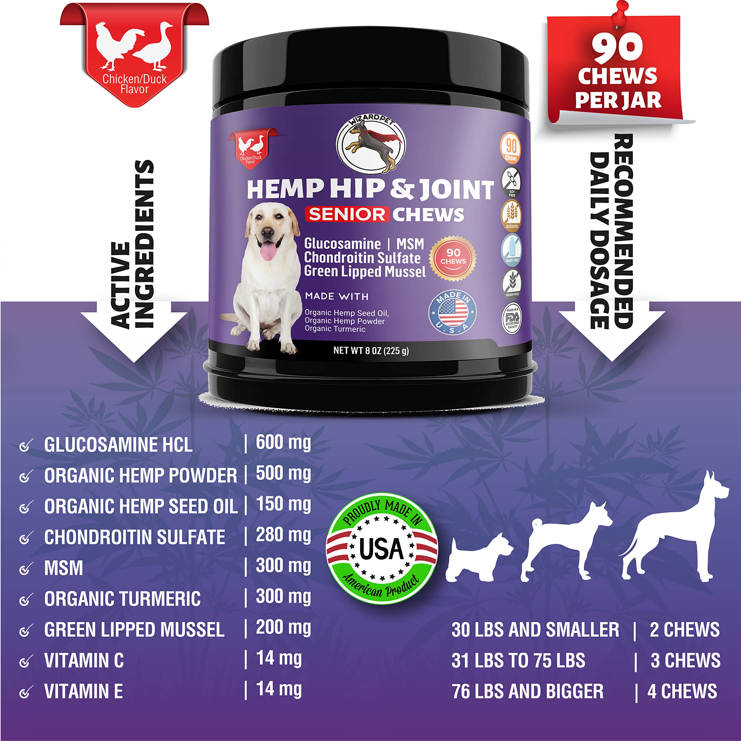 Mobility Hemp Oil Hip & Joint Supplement for Senior Dogs Chondroitin Glucosamine MSM Turmeric Green Lipped Mussel Extra Strength Formula for Dog 90 Chews - image 2