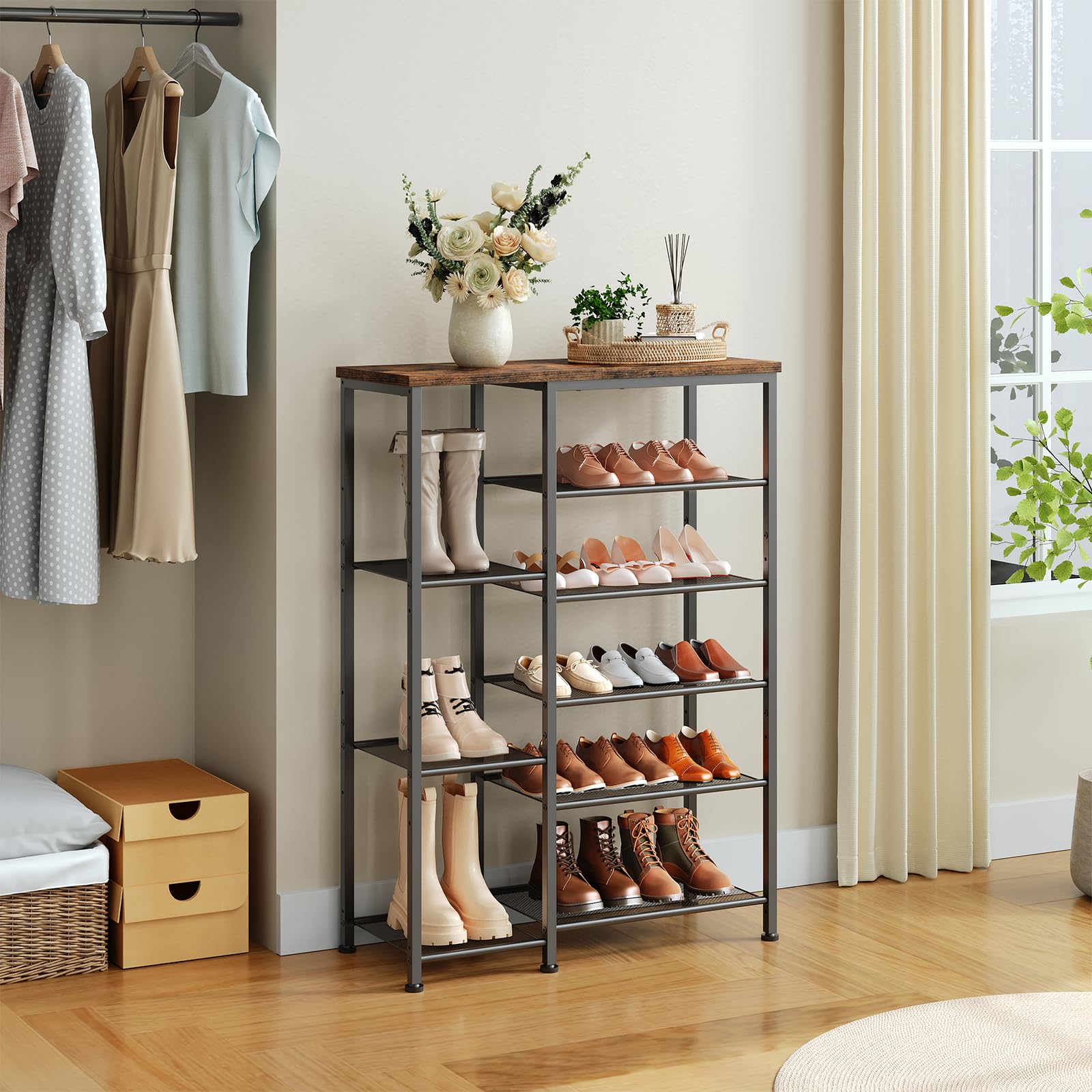 HOOBRO Schuhregal, 6-stöckiges Schuhablage, Schuh-Organizer, Metall Schuhständer, Große Kapazität Schuhschrank für Flur, Eingang, Stiefel, platzsparend, Vintagebraun und Schwarz EBF35XJ01