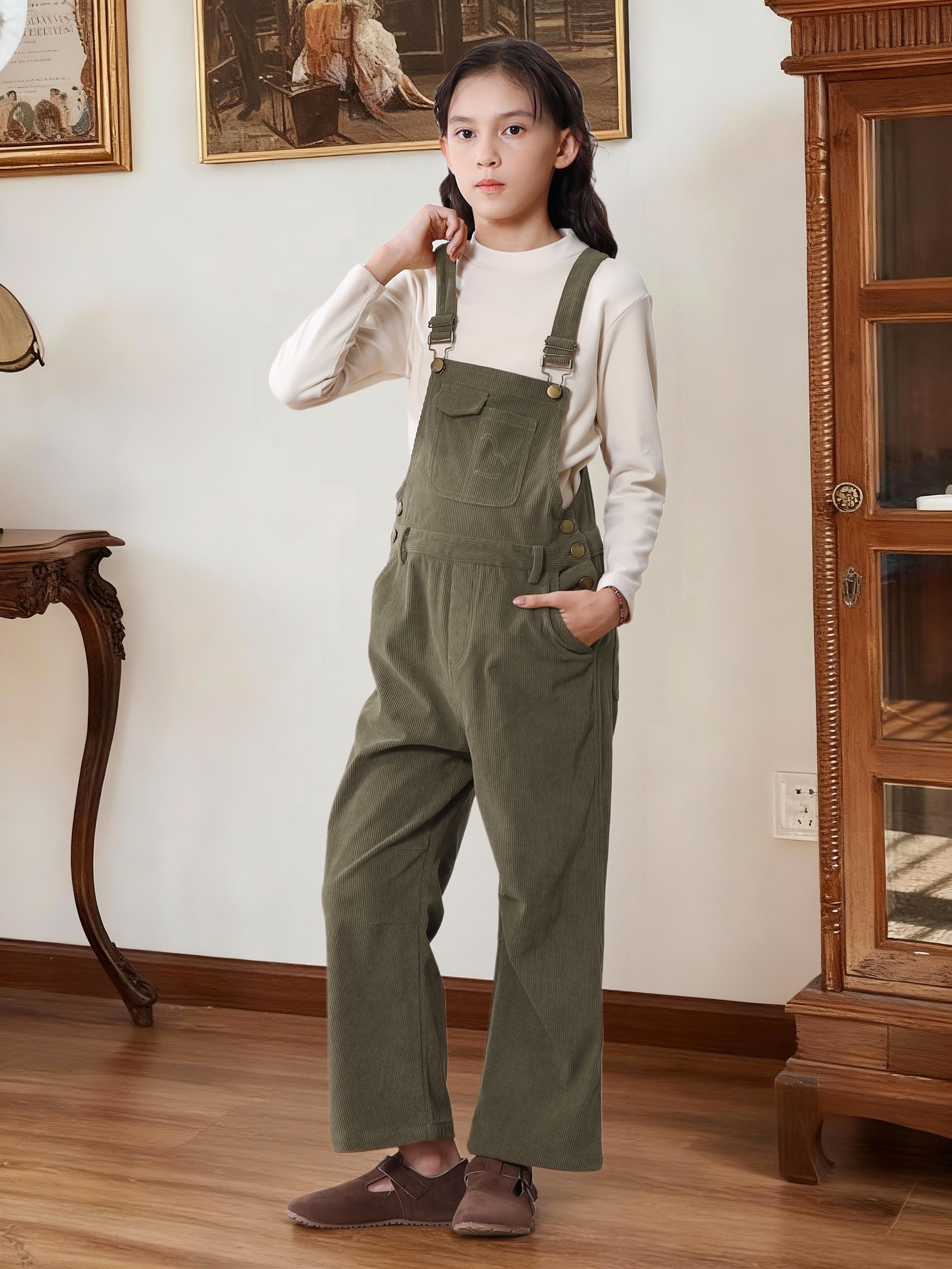 Rolanko Mädchen Cord-Overalls Anpassbar Träger Latzhose mit Taschen Baggy Loose Long Jumpsuit für Kinder