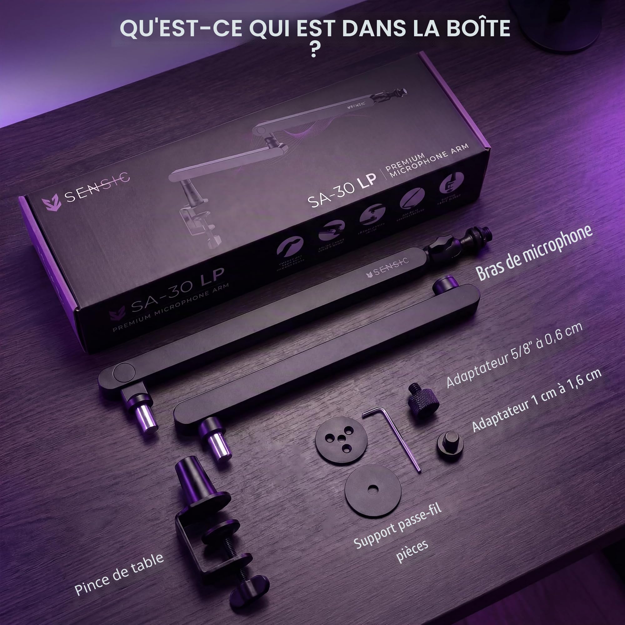 Sensic SA-30 LP Bras de microphone à profil bas, support de micro rotatif à 360°, bras de microphone à profil bas pour streaming avec gestion des câbles, support de microphone professionnel, bras