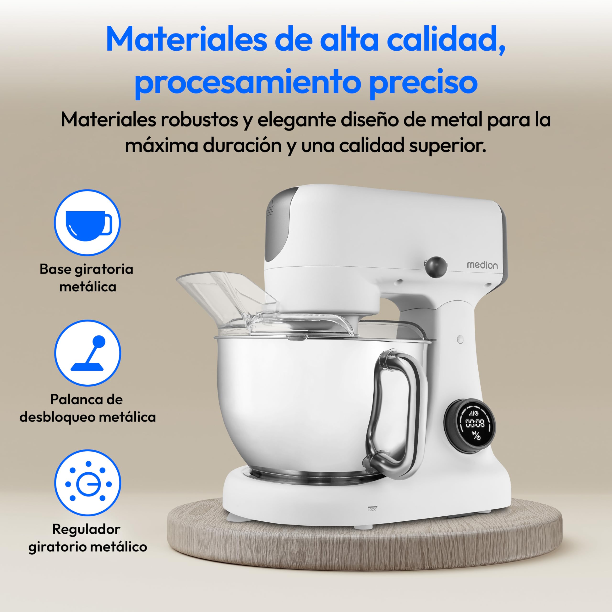 MEDION Robot de cocina con picadora (800 vatios, motor de CC, recipiente de acero inoxidable de 4,6 litros, ahorro de energía, ultrasilencioso, pantalla táctil con sensor digital, MD12600) Blanco