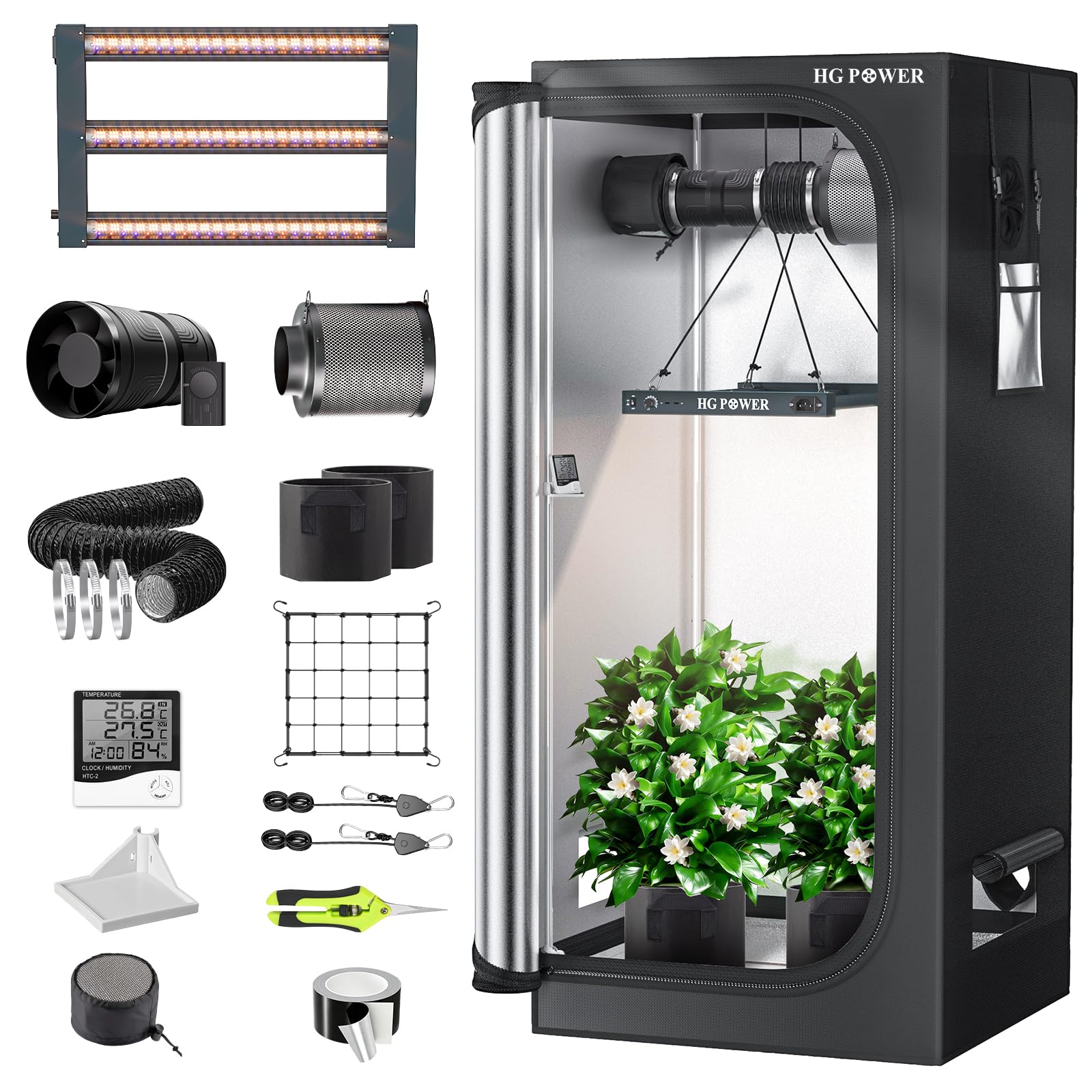 HG Power Kit Culture Indoor 60x60x160 cm avec Lampe Horticole LED 160W | Spectre Complet Double Mode (UV+FR), Extracteur d’Air 100 mm à Vitesse Réglable et Filtre à Charbon Actif