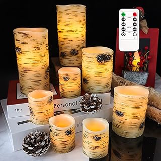 Crystal Club Christmas Flameless Candles with Remote, Battery Operated Flickering LED Candles with Timer, Real Wax Birch Bark Candle Lights for Home Bookcase Décor