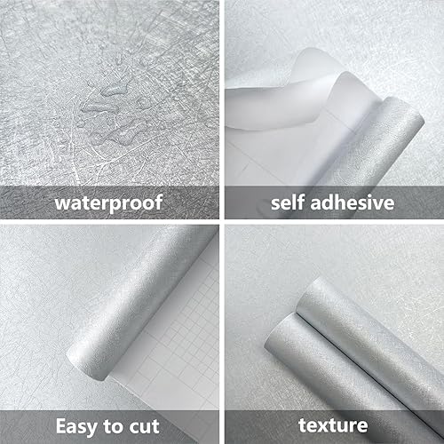 Miniatura 3 de Ienify - Papel tapiz de color gris de seda para despegar y pegar, papel de contacto de 17.7 x 196.8 pulgadas, papel tapiz autoadhesivo en relieve,