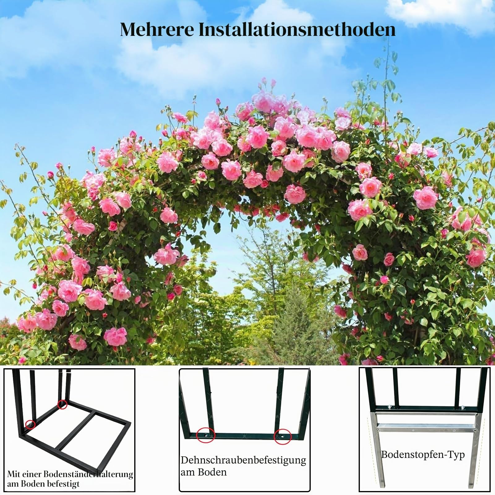 Rosenbogen Metall 220x230cm, Stabil Verzinkter Stahl Rankbogen, Rostfrei Wetterfest mit Erdankern, abnehmbarem Sockel, Schwarz Gartenbogen für Kletterpflanzen, Hochzeit, Garten Dekoration