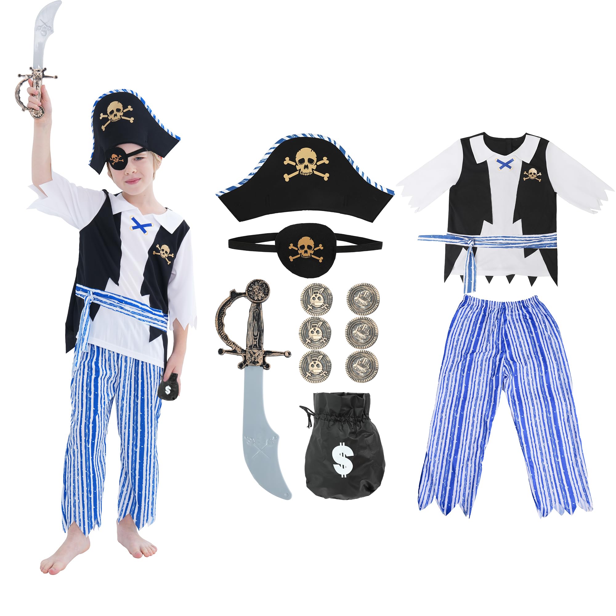 Sincere Party Pirate Costume for Boys and Girls,2026 Style Pirate Dress Up Set for Kids 7-8 Years