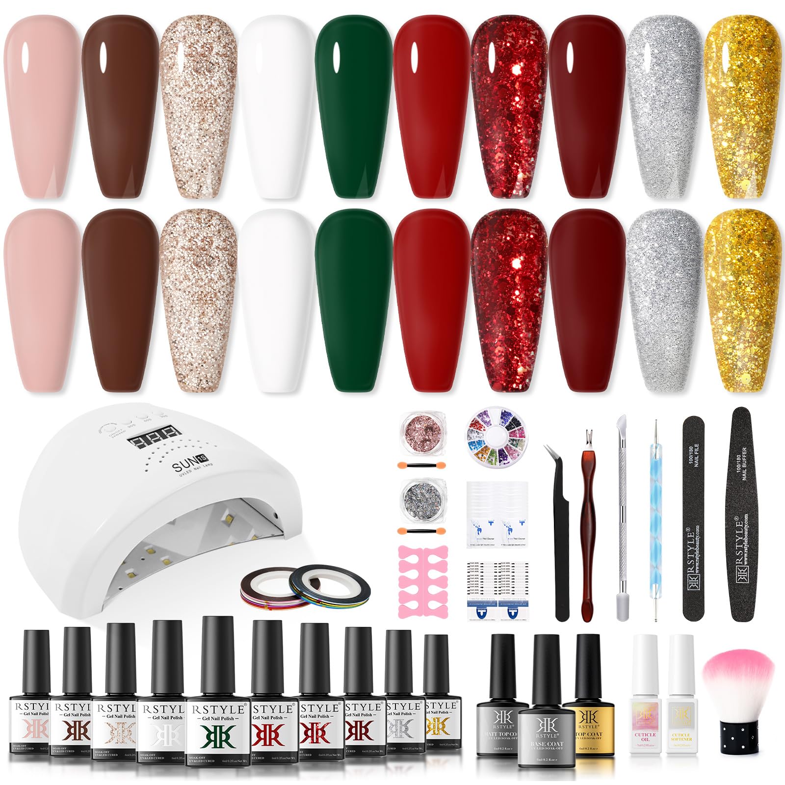 RSTYLE Kit Uñas Semipermanentes con Lampara 48W UV/LED, 32PCS 10 Colores Rojo Verde Kit de Esmaltes Semipermanentes Kit Uñas de Gel Kit Completo Esmaltes Semipermanente Set Manicura Regalo de Navidad