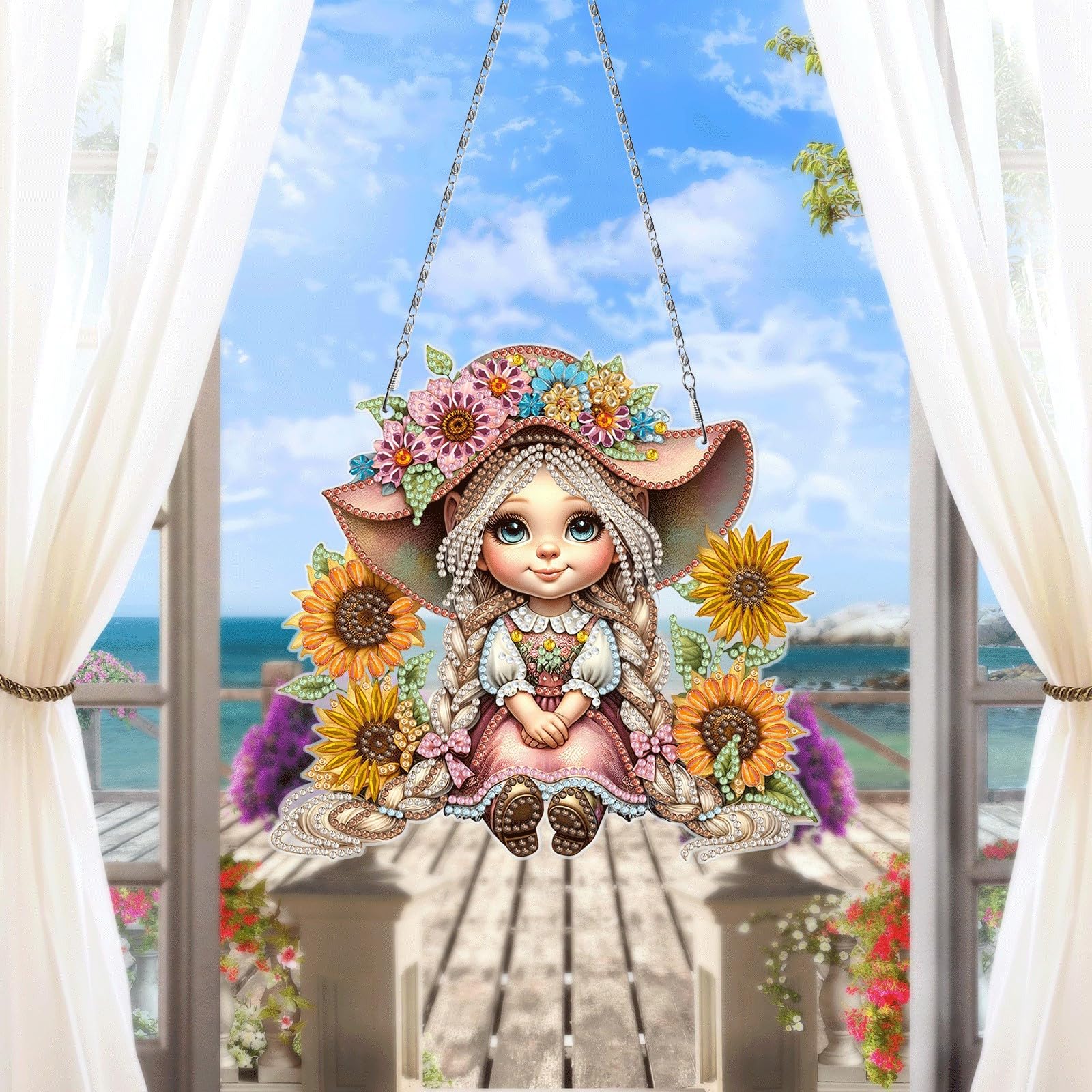 CXINLky DIY Diamond Art Painting hanger met ketting, dwerg diamond painting raamafbeeldingen, creatieve 5D diamond painting wandbehang kits voor raam, muur, entree, tuin, decoratie, 06-meisje