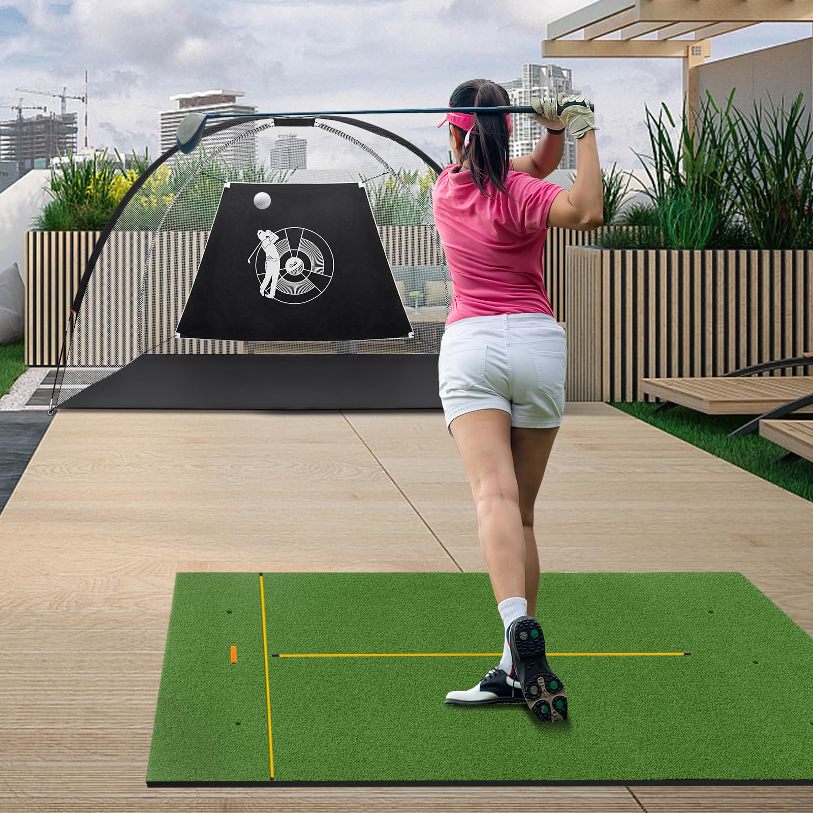 COSTWAY Golf Abschlagmatte, Golf Übungsmatte inkl. 2 Gummi-Tees und 2 Ausrichtungsstäbe, Golfmatte mit 6 Abschlagpositionen, für Indoor und Outdoor