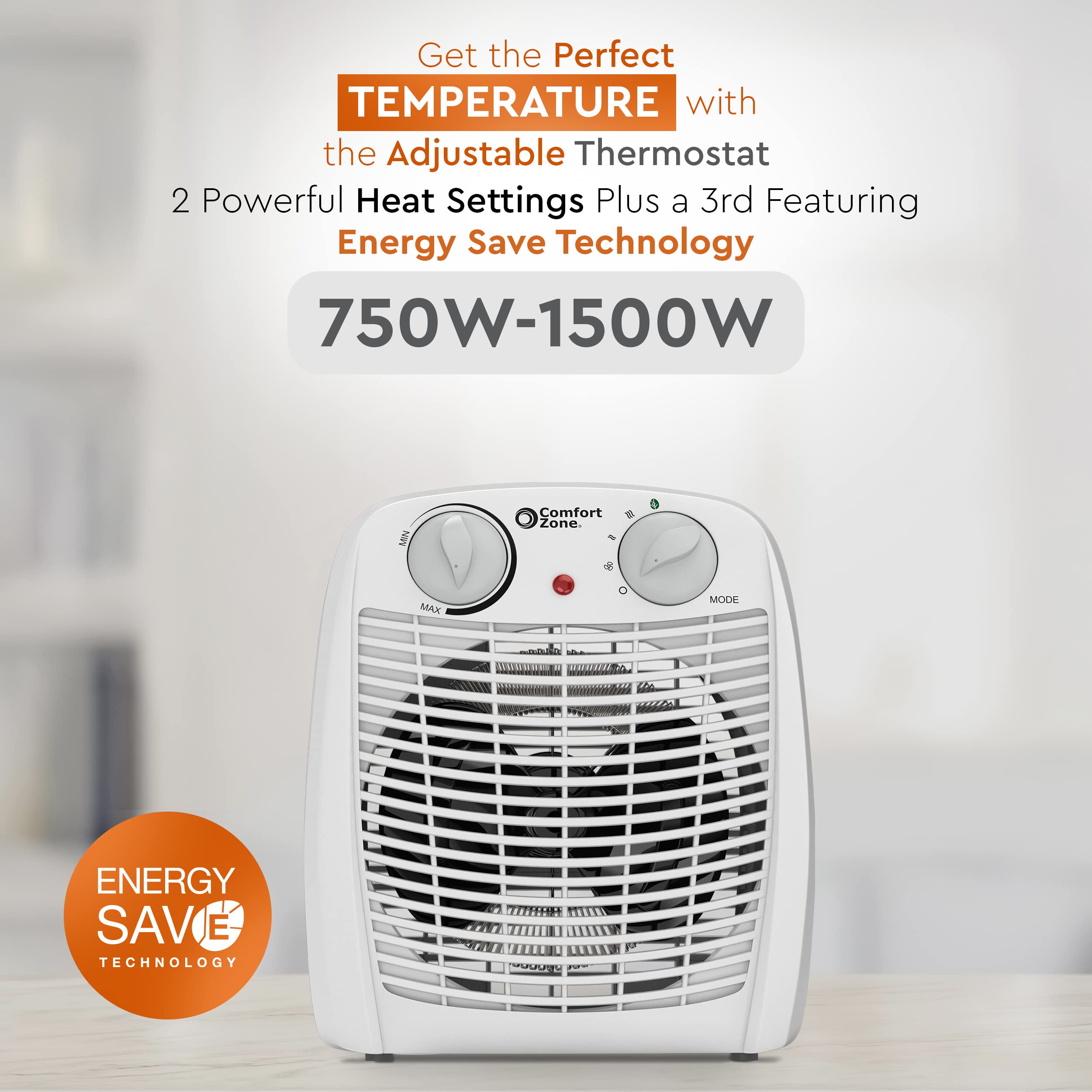Comfort Zone CZ45E 750/1,500-Watt Fan-Forced Personal Heater with Adjustable Thermostat, Overheat Protection, Safety Tip-Over Switch, Energy Save Features, and Convenient Carry Handle, White