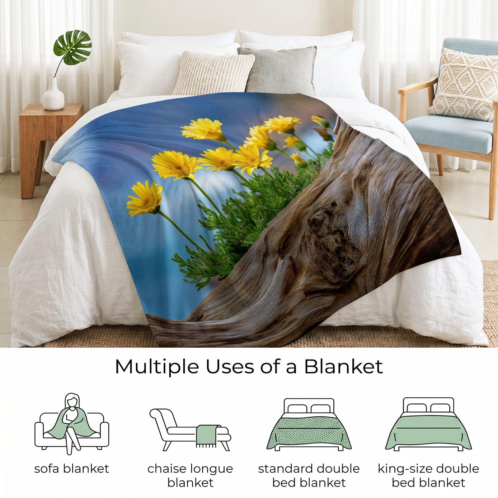 Manta polar franela 150 x 200 cm Nature Marguerites Flores para sofá polar – Manta para cama de 2 personas, gruesa, suave y cálida, a cuadros antialérgicos, azul