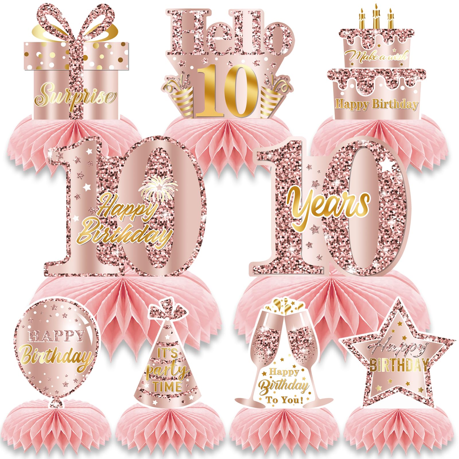 10th Birthday Honeycomb Decorations 9 Pcs Rose Gold Centerpieces Pink Table Decorations for Birthday Party Happy Birthday Table Centerpieces Party Supplies for Women Girls (10th) โ image 1