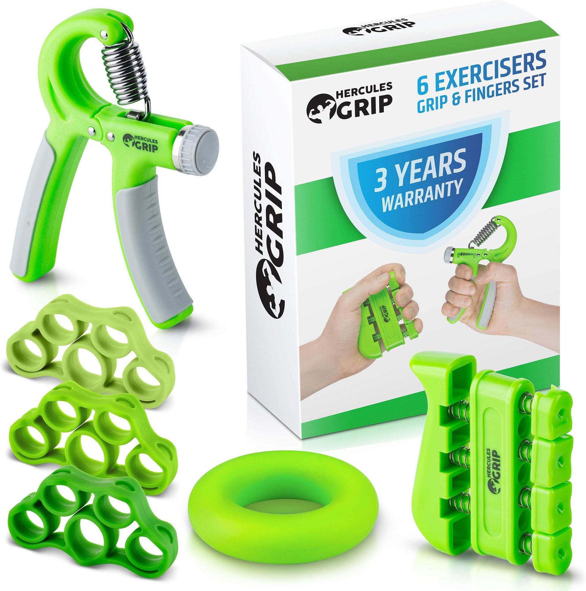 Hand Grip Strengthener Forearm Grip Workout Kit - 6 Pack - Adjustable Hand Gripper Resistance Range of 22-88lbs, Finger Exerciser, Finger Stretcher & Exercise Ring + HD Video Manual