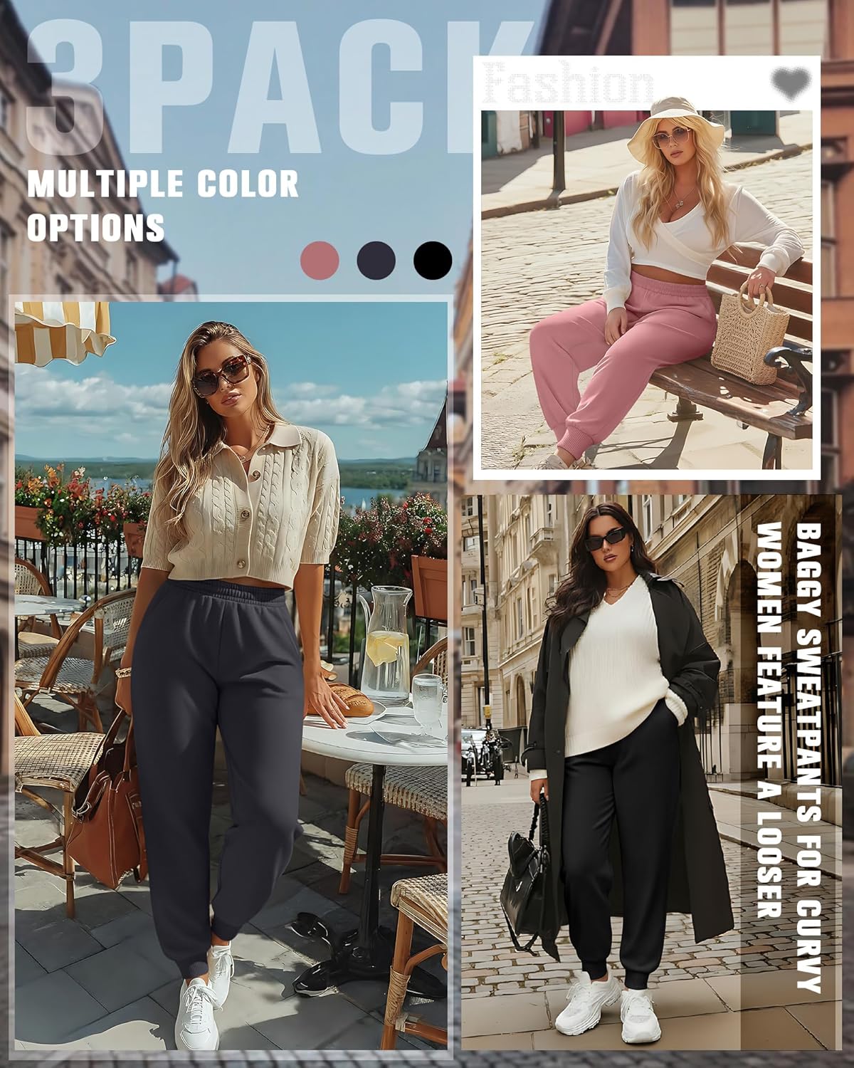 3 Pack Women's Plus Size Sweatpants Joggers Baggy Interior Drawstring Athletic Elastic Waisted Pants with Pockets - Image 3