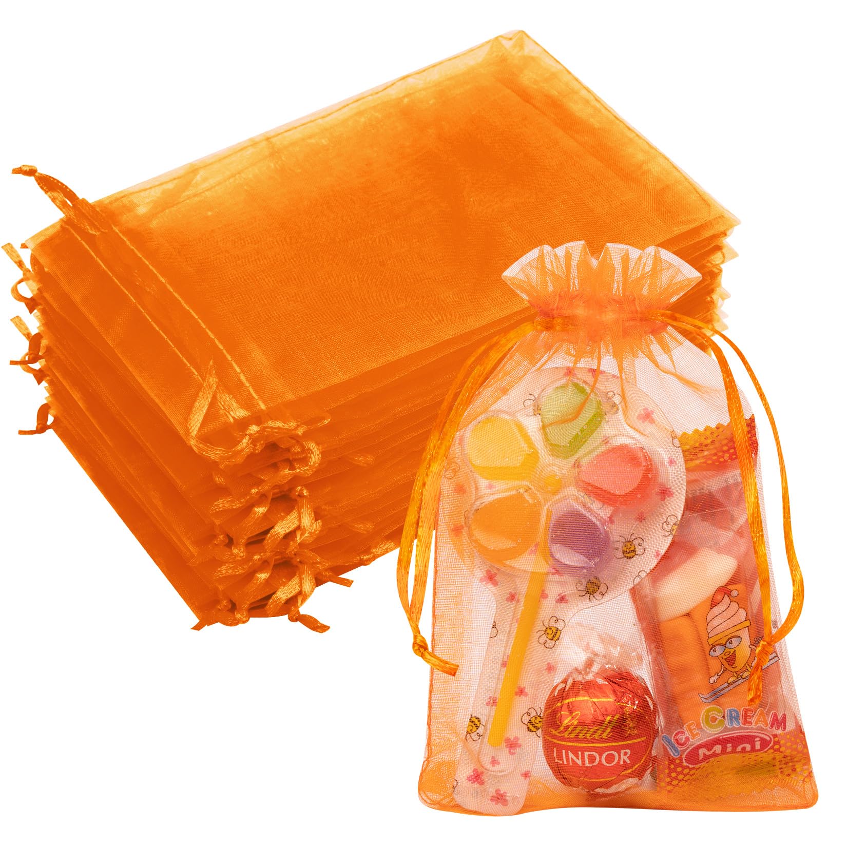 50PCS Orange Organza Bags 4x6, Small Mesh Drawstring Gift Bags Cute Pouches Mini Sheer Baggies for Packaging Jewelry Candy Sachet Birthday Party Favors Halloween Christmas Treats