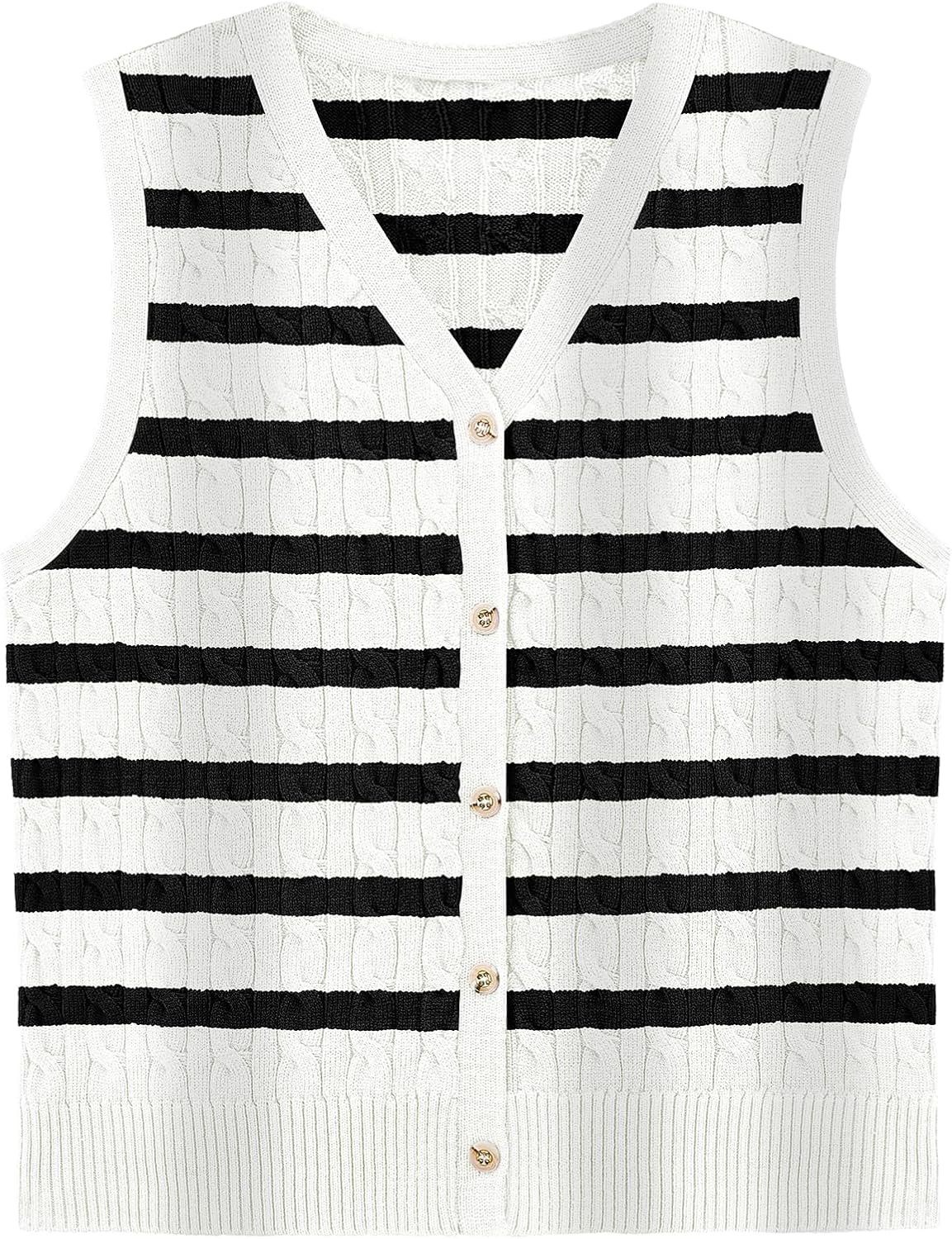 WIHOLL Sweater Vest for Women Cable Knit Cropped Tank Tops Button Up Sleeveless Cardigan Fall Outfits 2024 Fashion A - White & Black Stripe Small