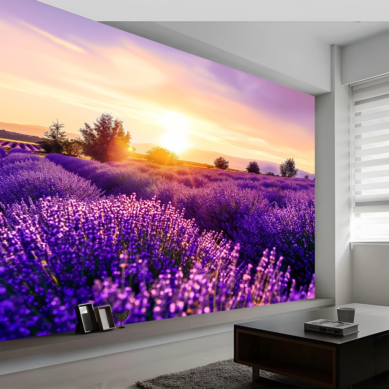 Tapeta 400 x 280 cm, tapeta z włókniny, naturalny zachód słońca, pole lawendowe, wodoszczelna, folia ochronna na ścianę, do sypialni, salonu, tapeta ścienna, fototapeta fioletowa, w zestawie poradnik