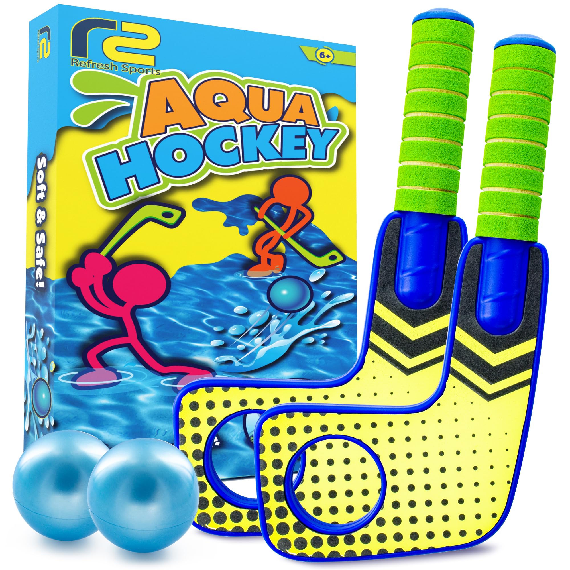 Fun Mini Hockey Sticks Game - Play at the Pool & Beach or in Home - For Kids & Adults All Ages - Use The Floating Soft Paddles to Shoot the Water Skipping Balls - Comes With 2 Sticks & 2 Balls