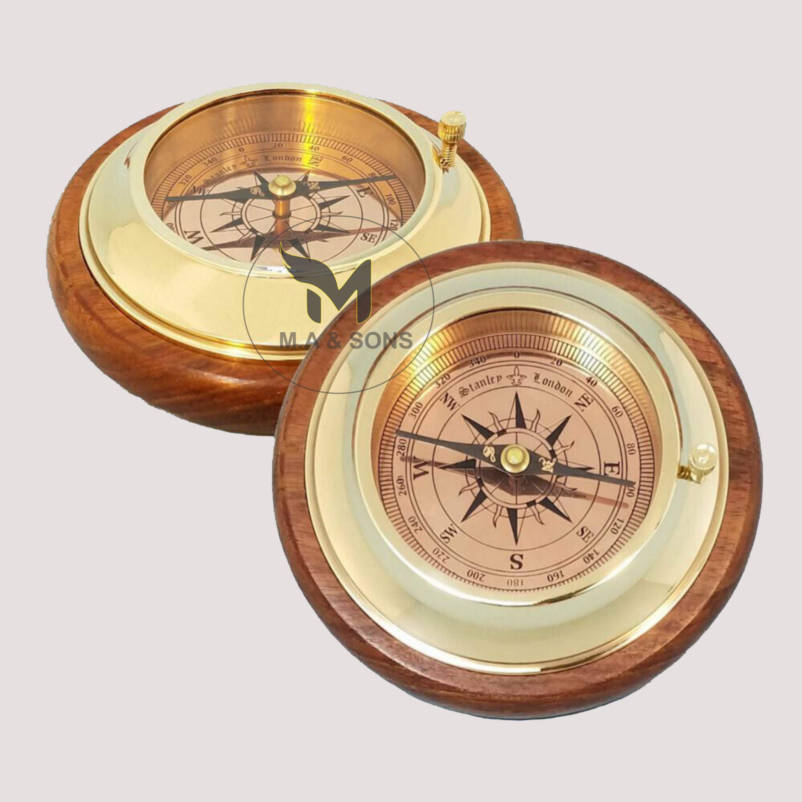 M.A & SONS Large Brass Paperweight Desk Compass with Wood Base-image-4